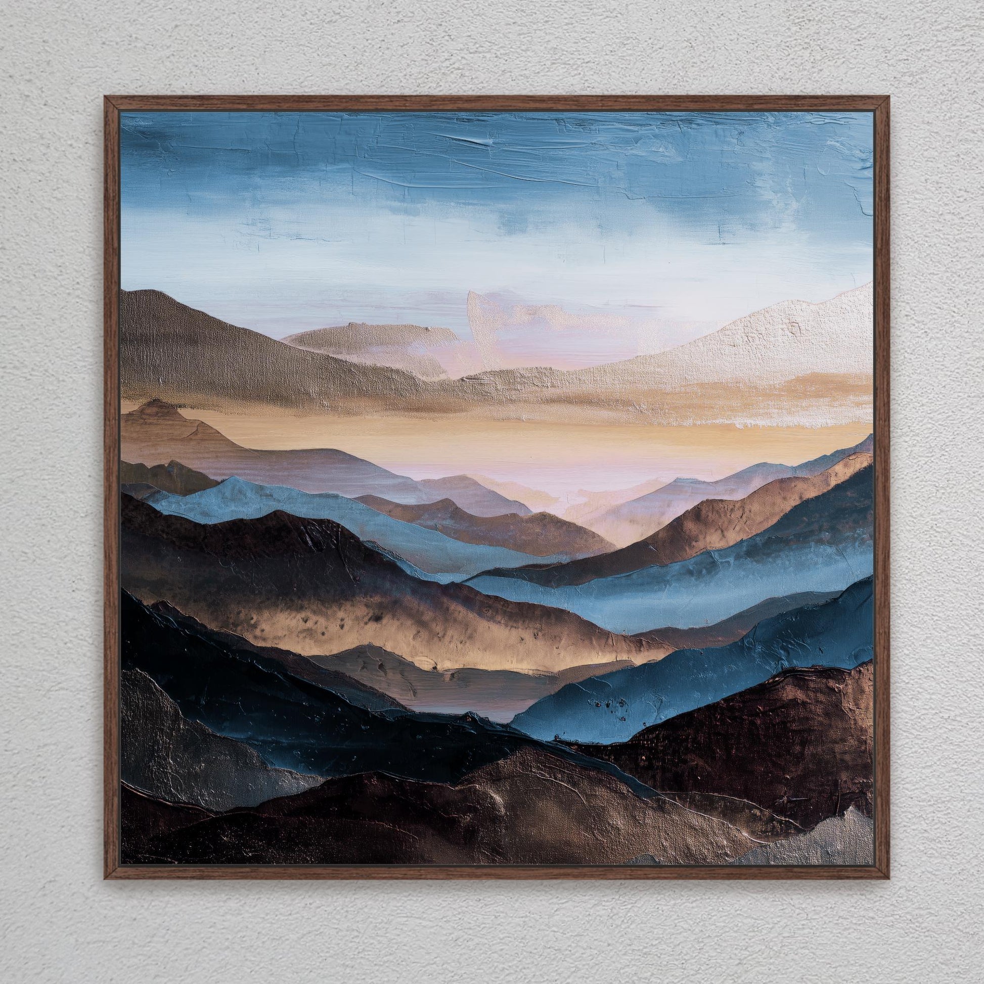 Square Abstract Mountains Art,  Blue, Brown Platinum Silver, Cool Tones, Painting Framed Canvas Print, Landscape Wall Decor, Large Shipped