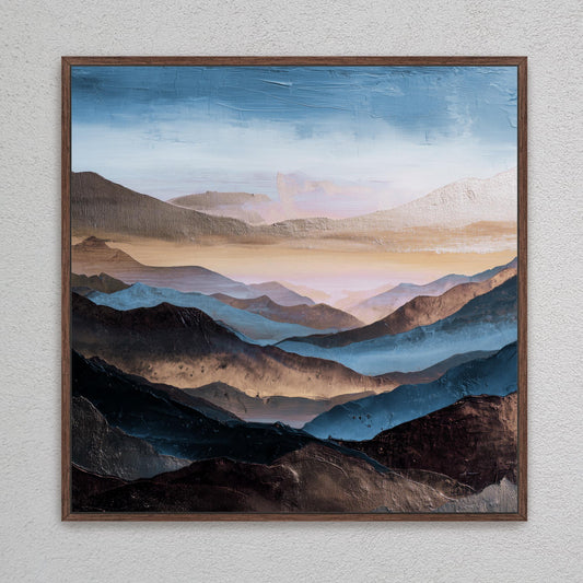 Square Abstract Mountains Art,  Blue, Brown Platinum Silver, Cool Tones, Painting Framed Canvas Print, Landscape Wall Decor, Large Shipped