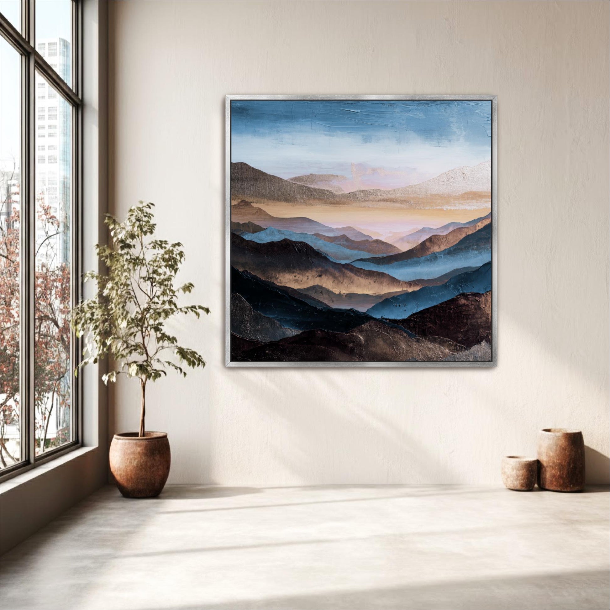 Square Abstract Mountains Art,  Blue, Brown Platinum Silver, Cool Tones, Painting Framed Canvas Print, Landscape Wall Decor, Large Shipped