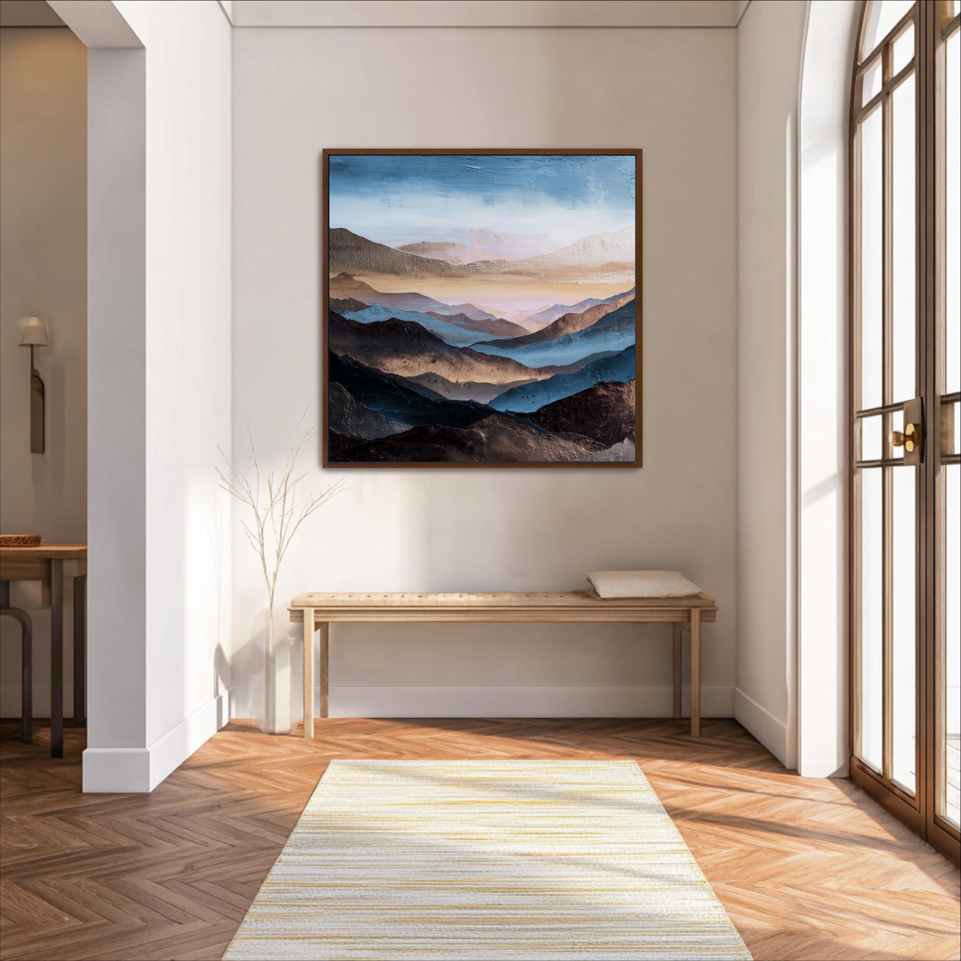 Square Abstract Mountains Art,  Blue, Brown Platinum Silver, Cool Tones, Painting Framed Canvas Print, Landscape Wall Decor, Large Shipped