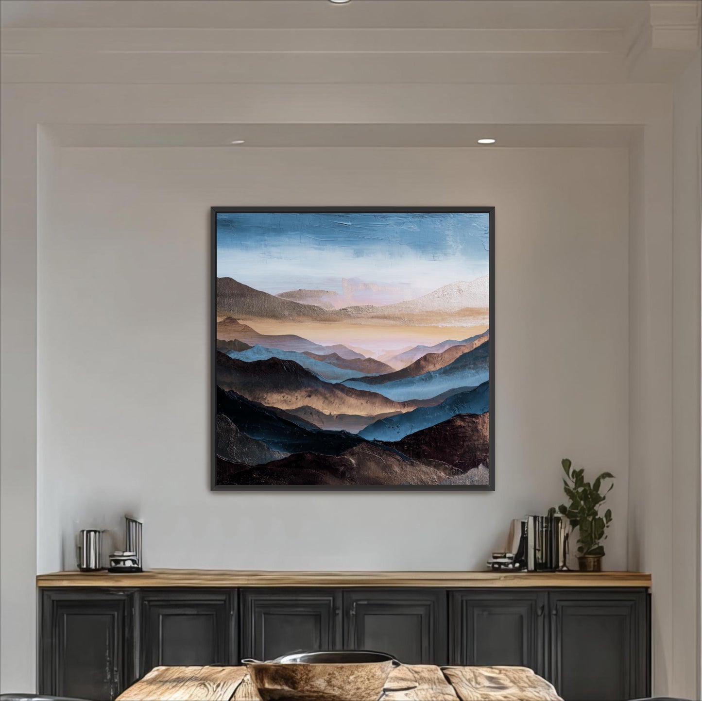 Square Abstract Mountains Art,  Blue, Brown Platinum Silver, Cool Tones, Painting Framed Canvas Print, Landscape Wall Decor, Large Shipped