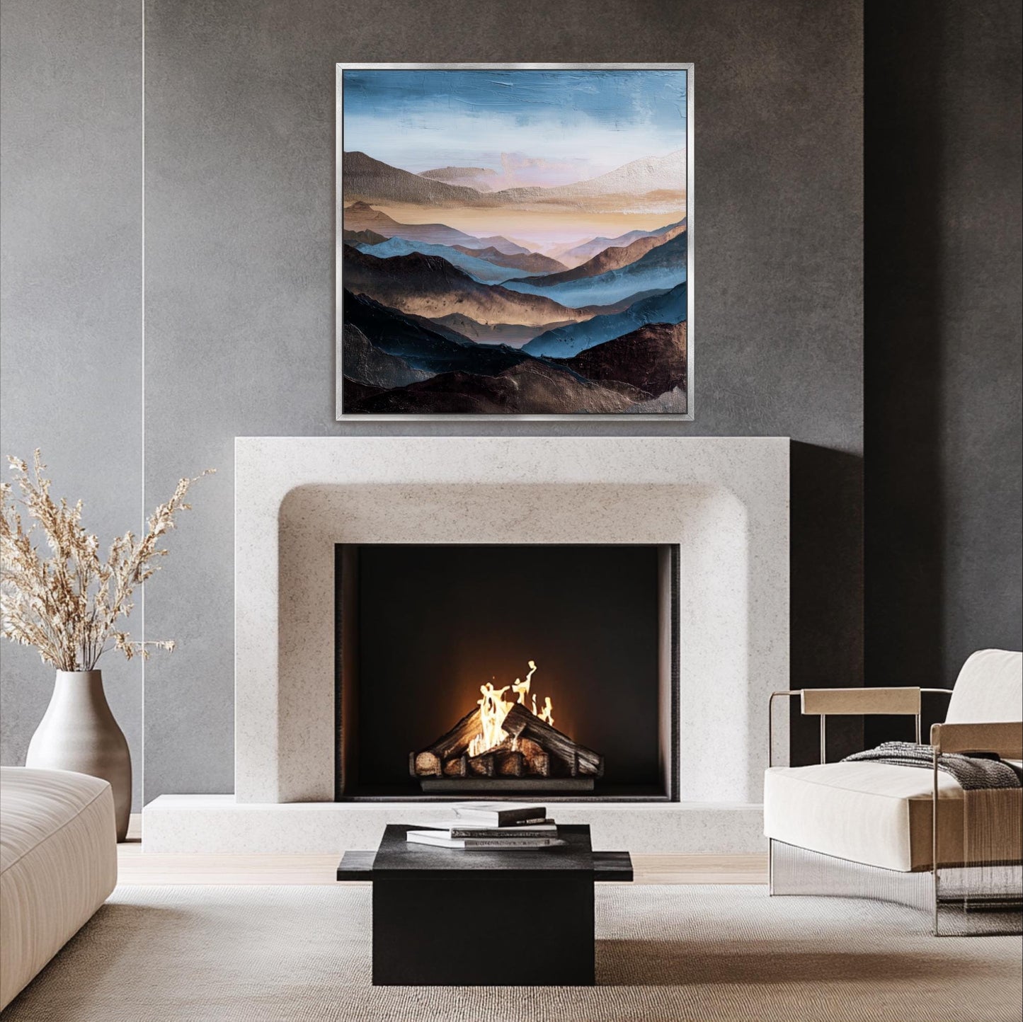 Square Abstract Mountains Art,  Blue, Brown Platinum Silver, Cool Tones, Painting Framed Canvas Print, Landscape Wall Decor, Large Shipped