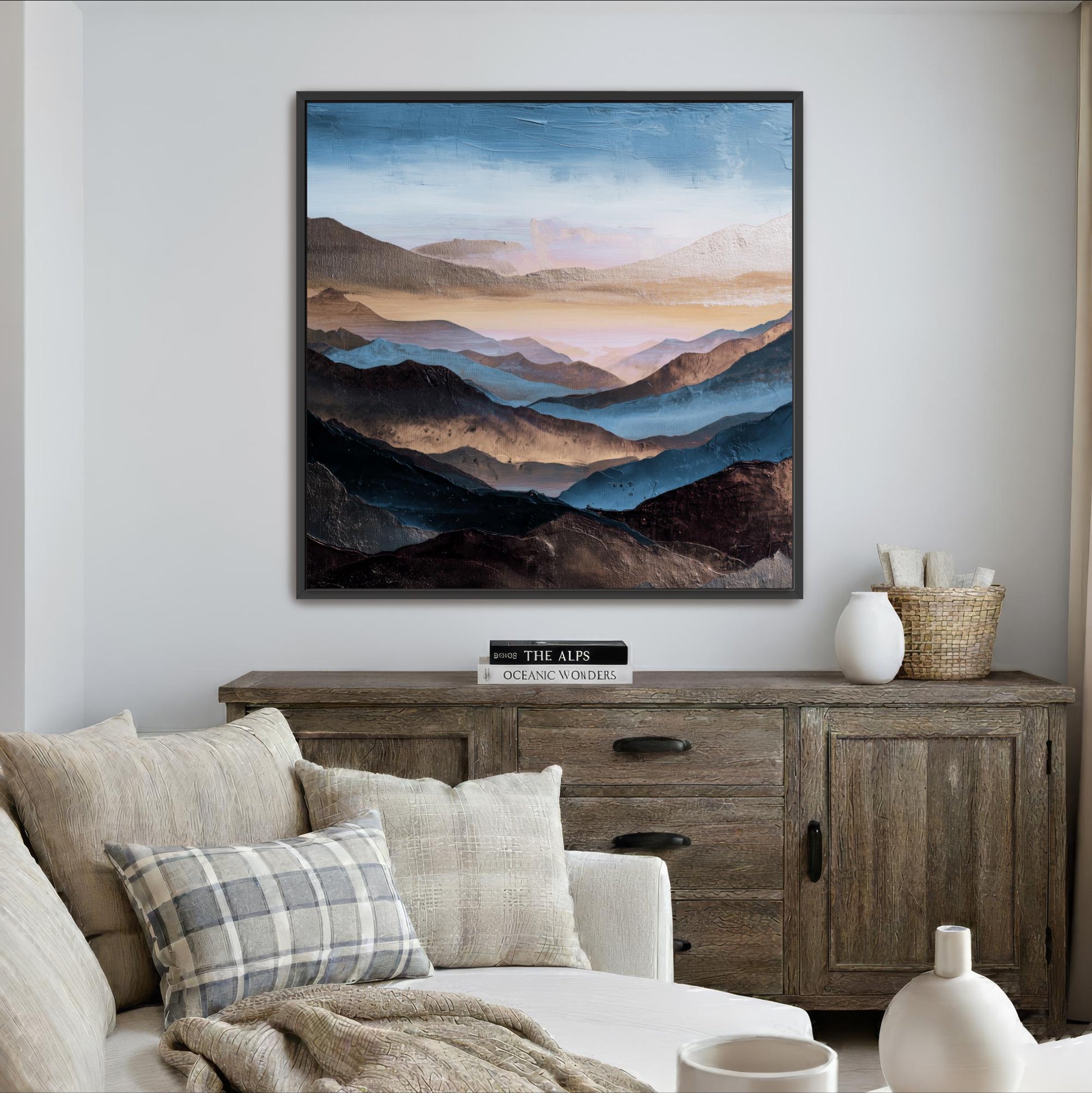 Square Abstract Mountains Art,  Blue, Brown Platinum Silver, Cool Tones, Painting Framed Canvas Print, Landscape Wall Decor, Large Shipped