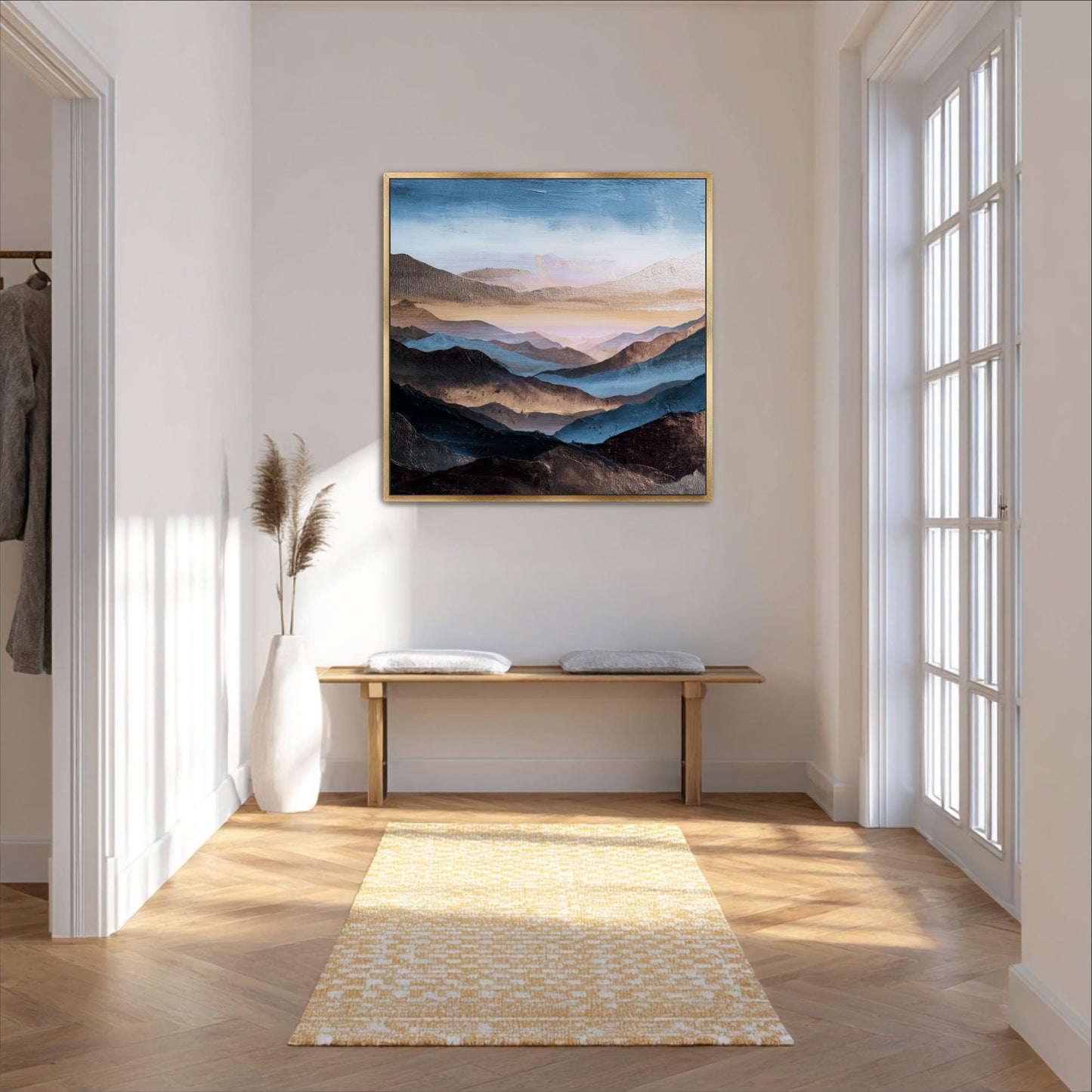 Square Abstract Mountains Art,  Blue, Brown Platinum Silver, Cool Tones, Painting Framed Canvas Print, Landscape Wall Decor, Large Shipped