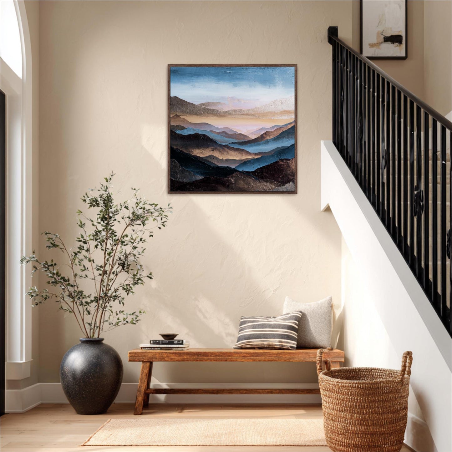 Square Abstract Mountains Art,  Blue, Brown Platinum Silver, Cool Tones, Painting Framed Canvas Print, Landscape Wall Decor, Large Shipped