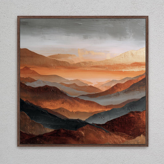 Square Art, Abstract Mountains Rust Orange, Gold, Steel Gray and Copper, Painting Framed Canvas Print, Landscape Wall Decor, Large Shipped