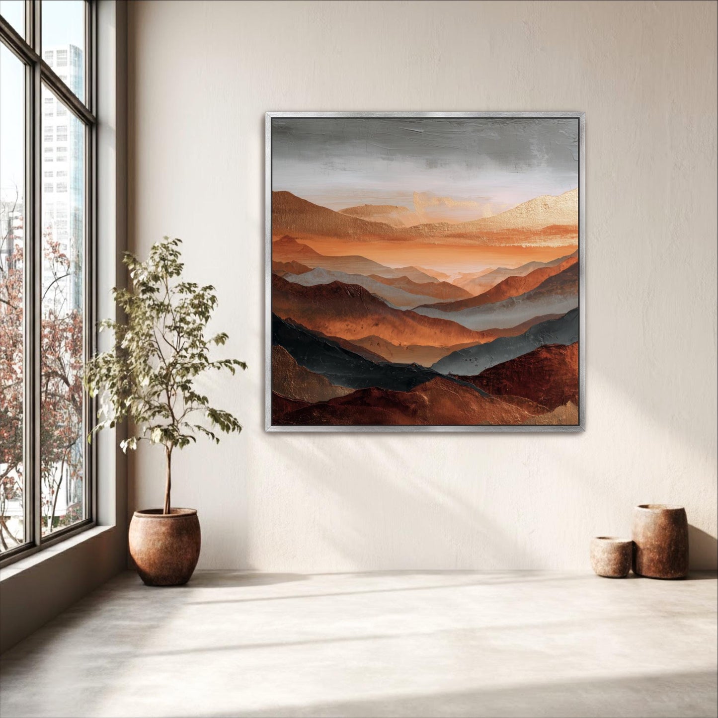 Square Art, Abstract Mountains Rust Orange, Gold, Steel Gray and Copper, Painting Framed Canvas Print, Landscape Wall Decor, Large Shipped