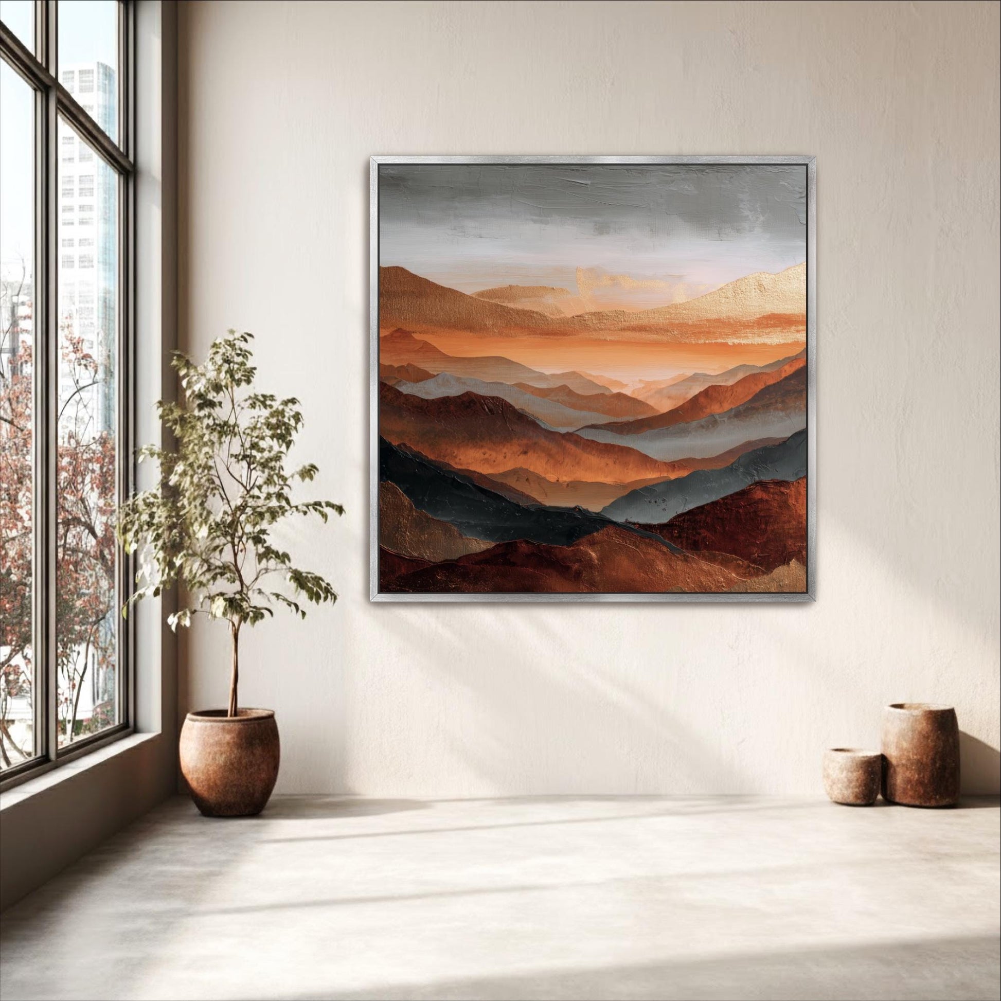 Square Art, Abstract Mountains Rust Orange, Gold, Steel Gray and Copper, Painting Framed Canvas Print, Landscape Wall Decor, Large Shipped