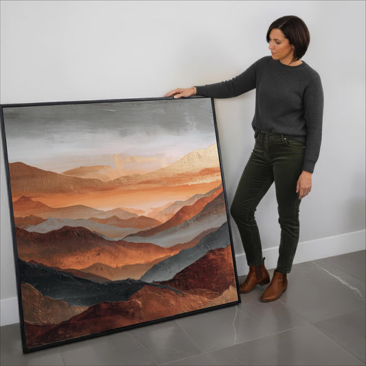Square Art, Abstract Mountains Rust Orange, Gold, Steel Gray and Copper, Painting Framed Canvas Print, Landscape Wall Decor, Large Shipped