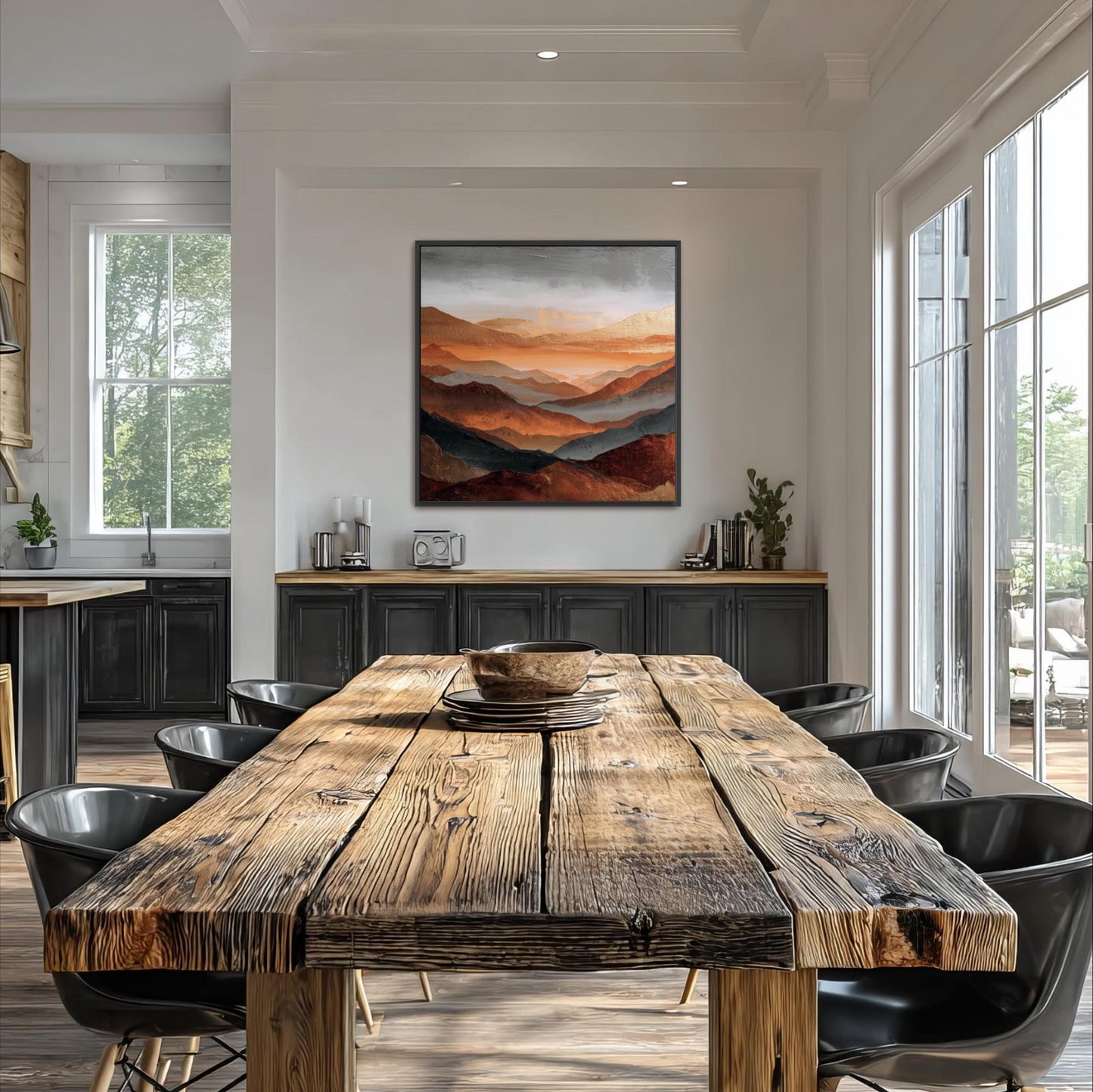 Square Art, Abstract Mountains Rust Orange, Gold, Steel Gray and Copper, Painting Framed Canvas Print, Landscape Wall Decor, Large Shipped