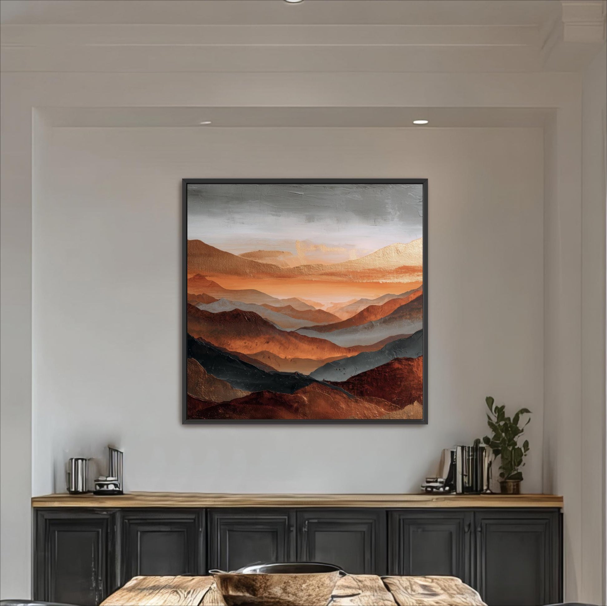 Square Art, Abstract Mountains Rust Orange, Gold, Steel Gray and Copper, Painting Framed Canvas Print, Landscape Wall Decor, Large Shipped