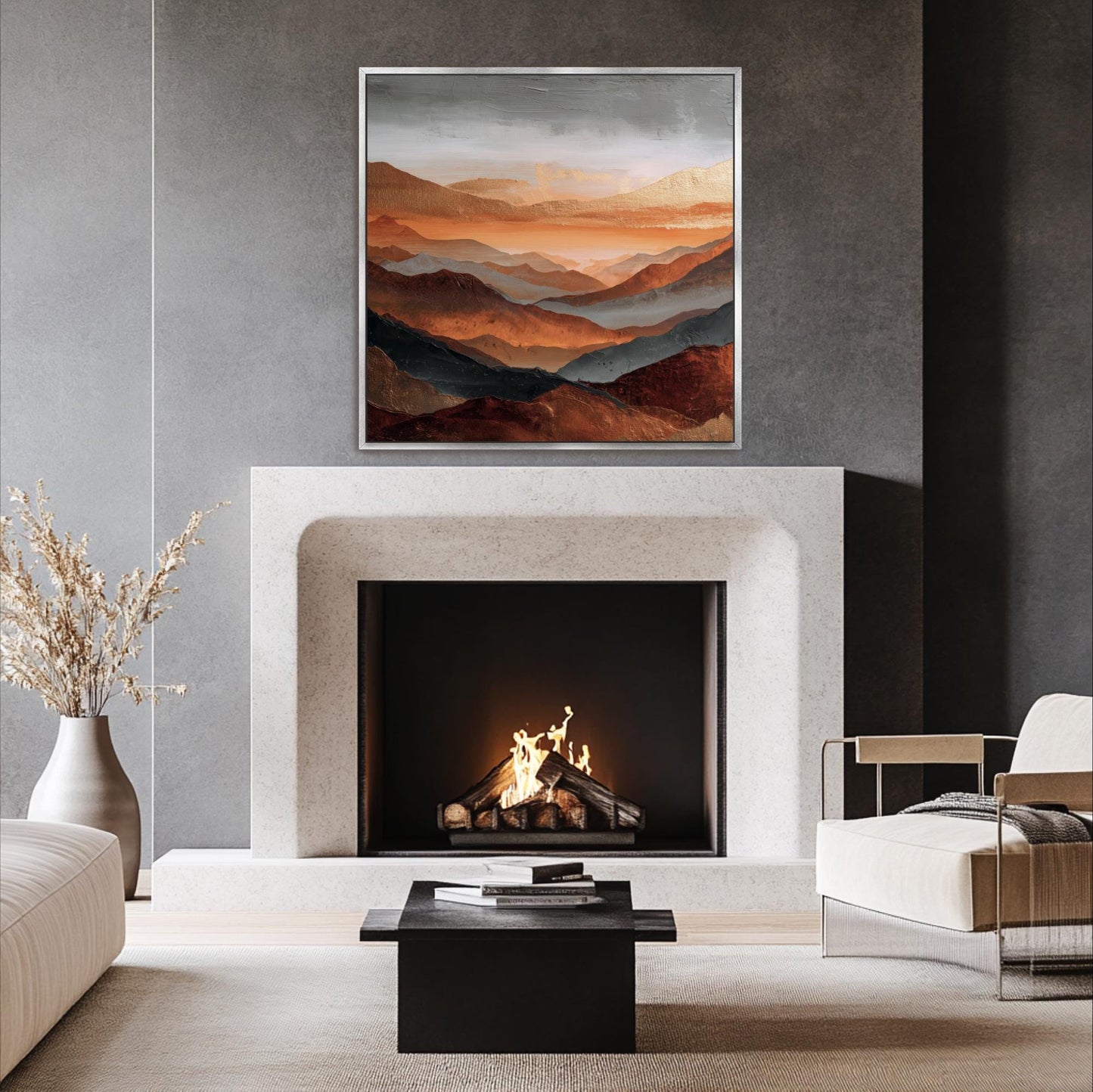 Square Art, Abstract Mountains Rust Orange, Gold, Steel Gray and Copper, Painting Framed Canvas Print, Landscape Wall Decor, Large Shipped