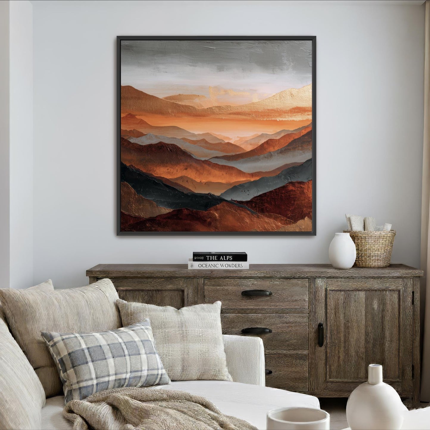 Square Art, Abstract Mountains Rust Orange, Gold, Steel Gray and Copper, Painting Framed Canvas Print, Landscape Wall Decor, Large Shipped