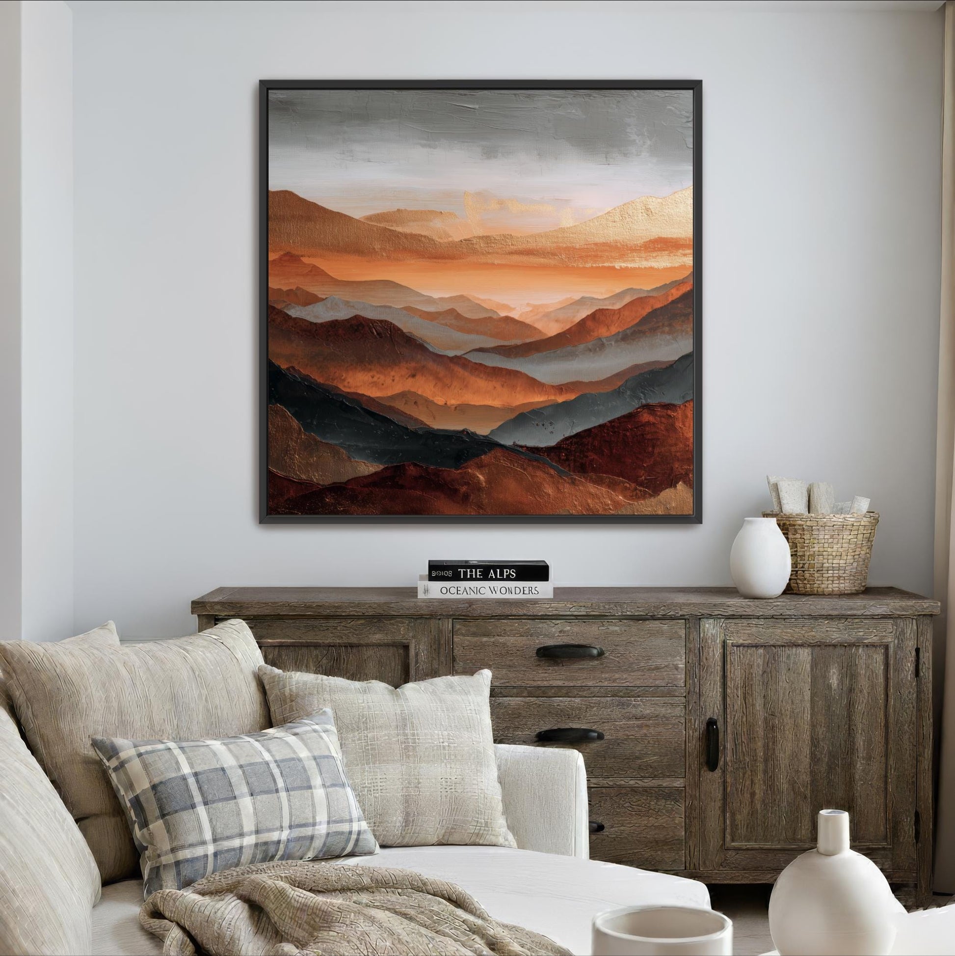 Square Art, Abstract Mountains Rust Orange, Gold, Steel Gray and Copper, Painting Framed Canvas Print, Landscape Wall Decor, Large Shipped