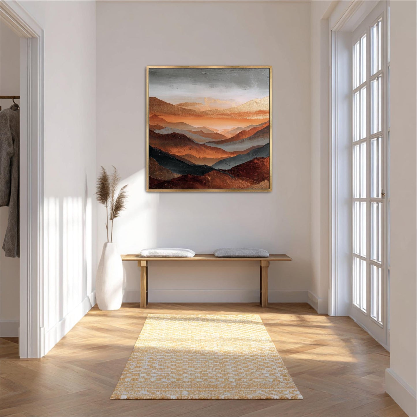 Square Art, Abstract Mountains Rust Orange, Gold, Steel Gray and Copper, Painting Framed Canvas Print, Landscape Wall Decor, Large Shipped