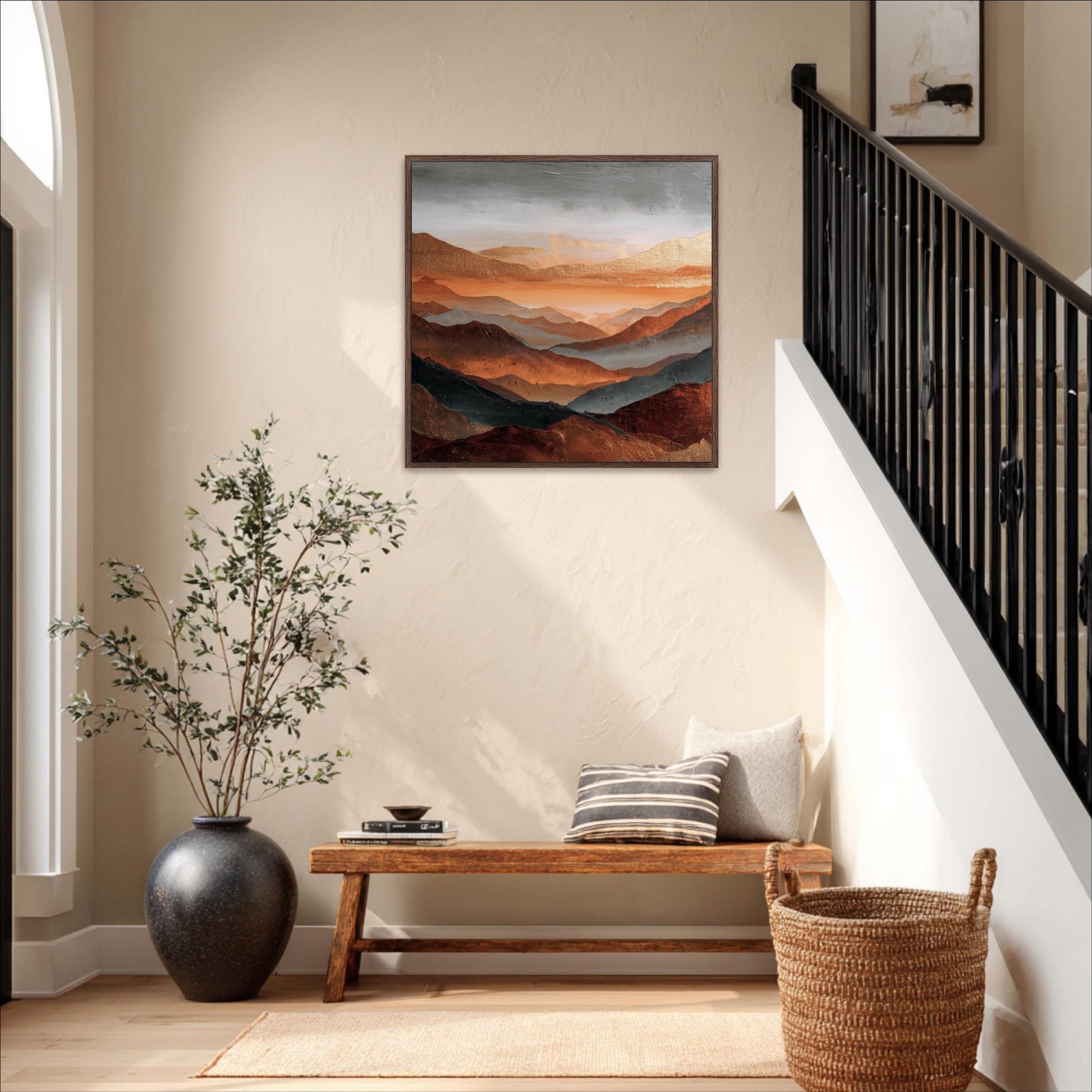 Square Art, Abstract Mountains Rust Orange, Gold, Steel Gray and Copper, Painting Framed Canvas Print, Landscape Wall Decor, Large Shipped