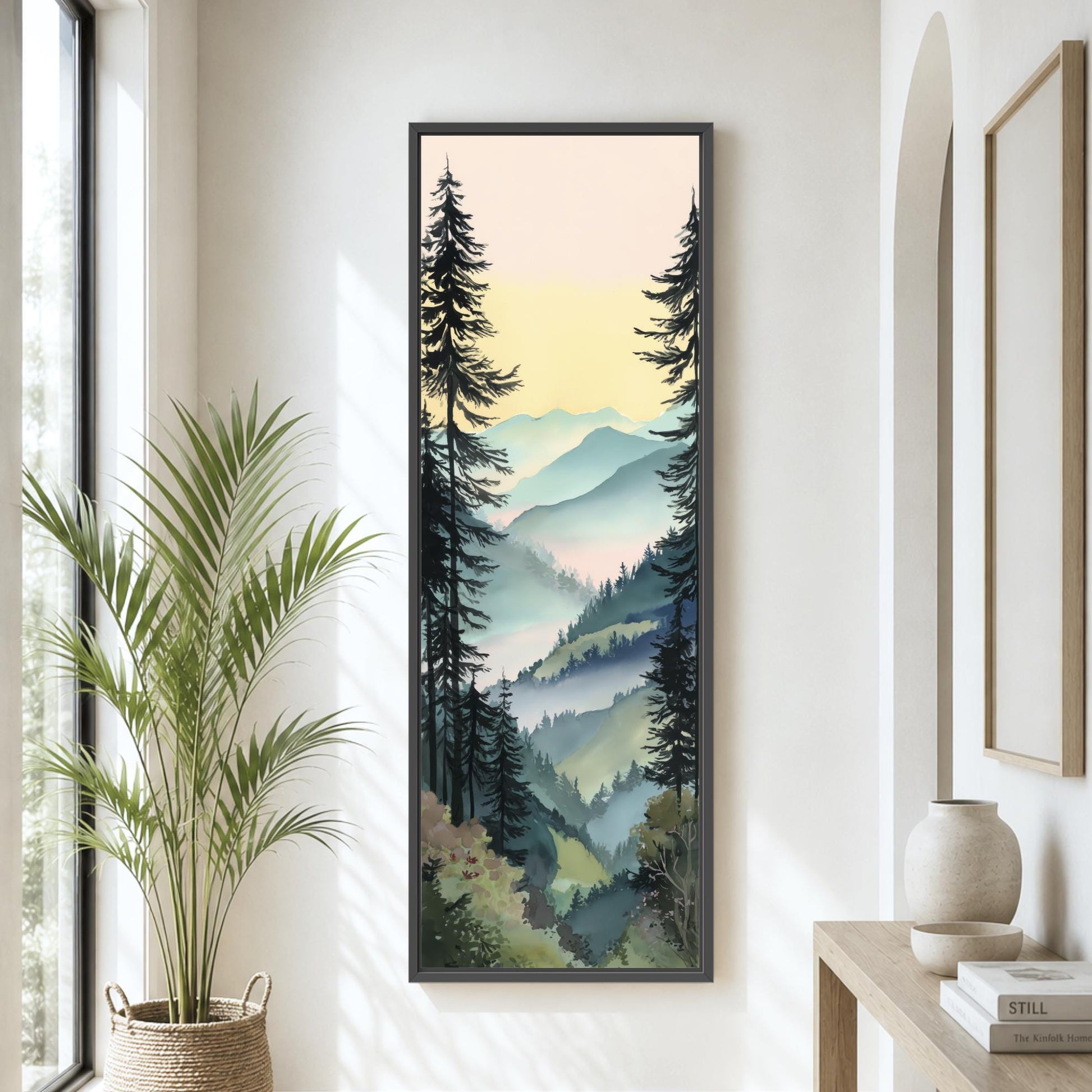 tall wall art, mountain wall art, forest canvas print, vertical wall decor, nature wall art, mountain landscape, entryway wall art, living room decor, modern farmhouse, woodland decor, large wall art, cabin decor, landscape print