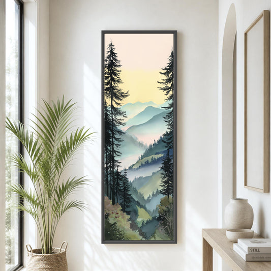 tall wall art, mountain wall art, forest canvas print, vertical wall decor, nature wall art, mountain landscape, entryway wall art, living room decor, modern farmhouse, woodland decor, large wall art, cabin decor, landscape print