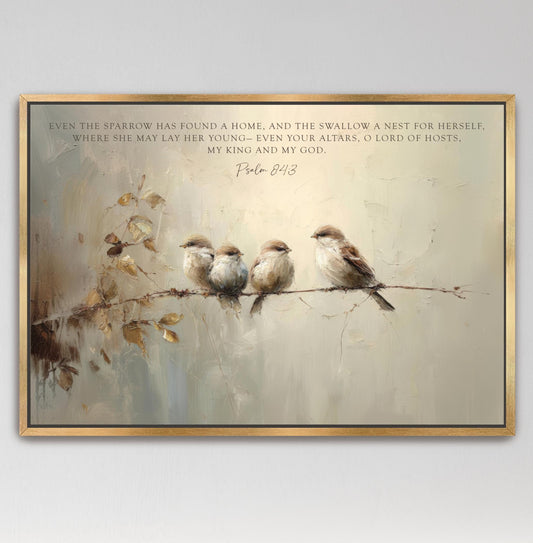 Vintage Birds Framed Art, Scripture Sparrows, Neutral Artwork, Vintage Look Digital Oil Painting Christian Art Bible Verse