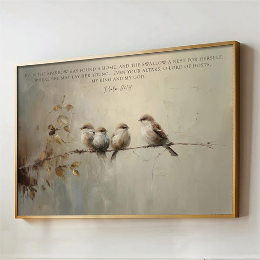 Vintage Birds Framed Art, Scripture Sparrows, Neutral Artwork, Vintage Look Digital Oil Painting Christian Art Bible Verse