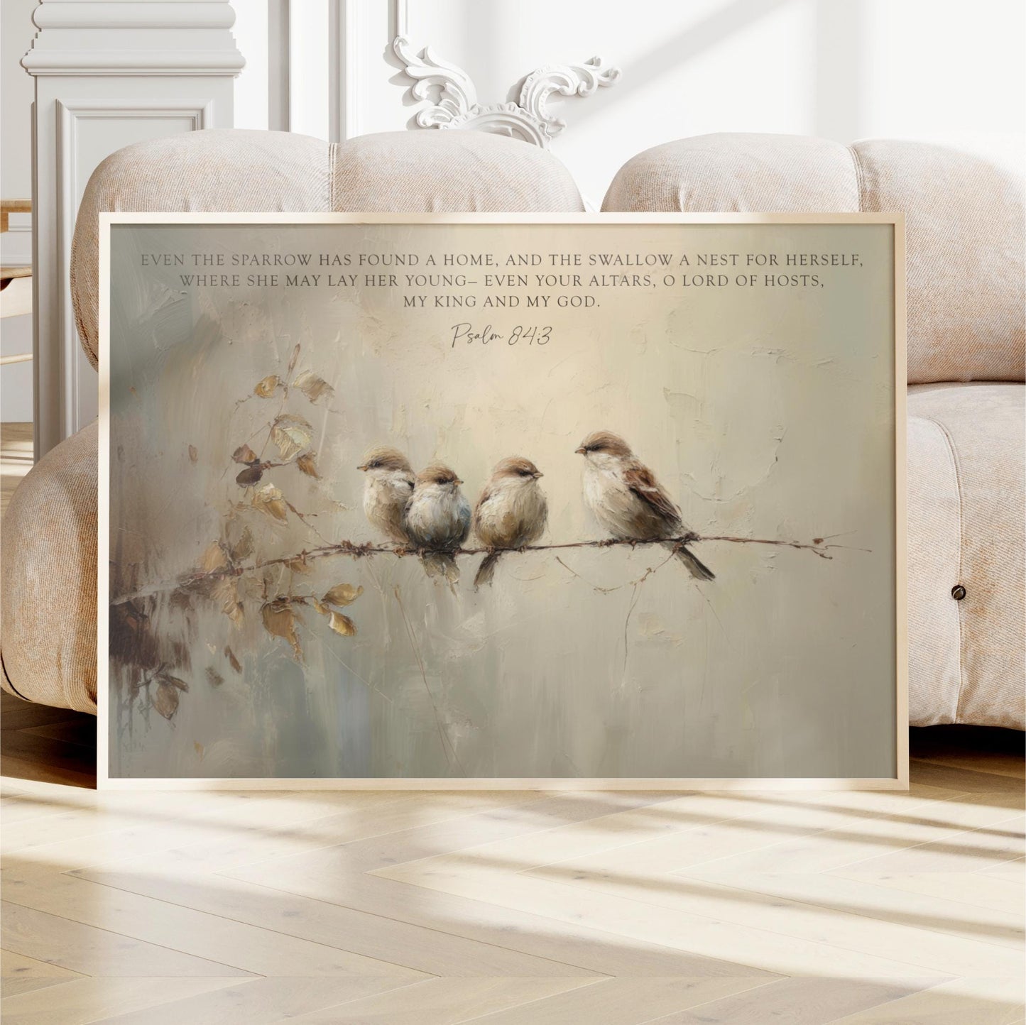 Vintage Birds Framed Art, Scripture Sparrows, Neutral Artwork, Vintage Look Digital Oil Painting Christian Art Bible Verse