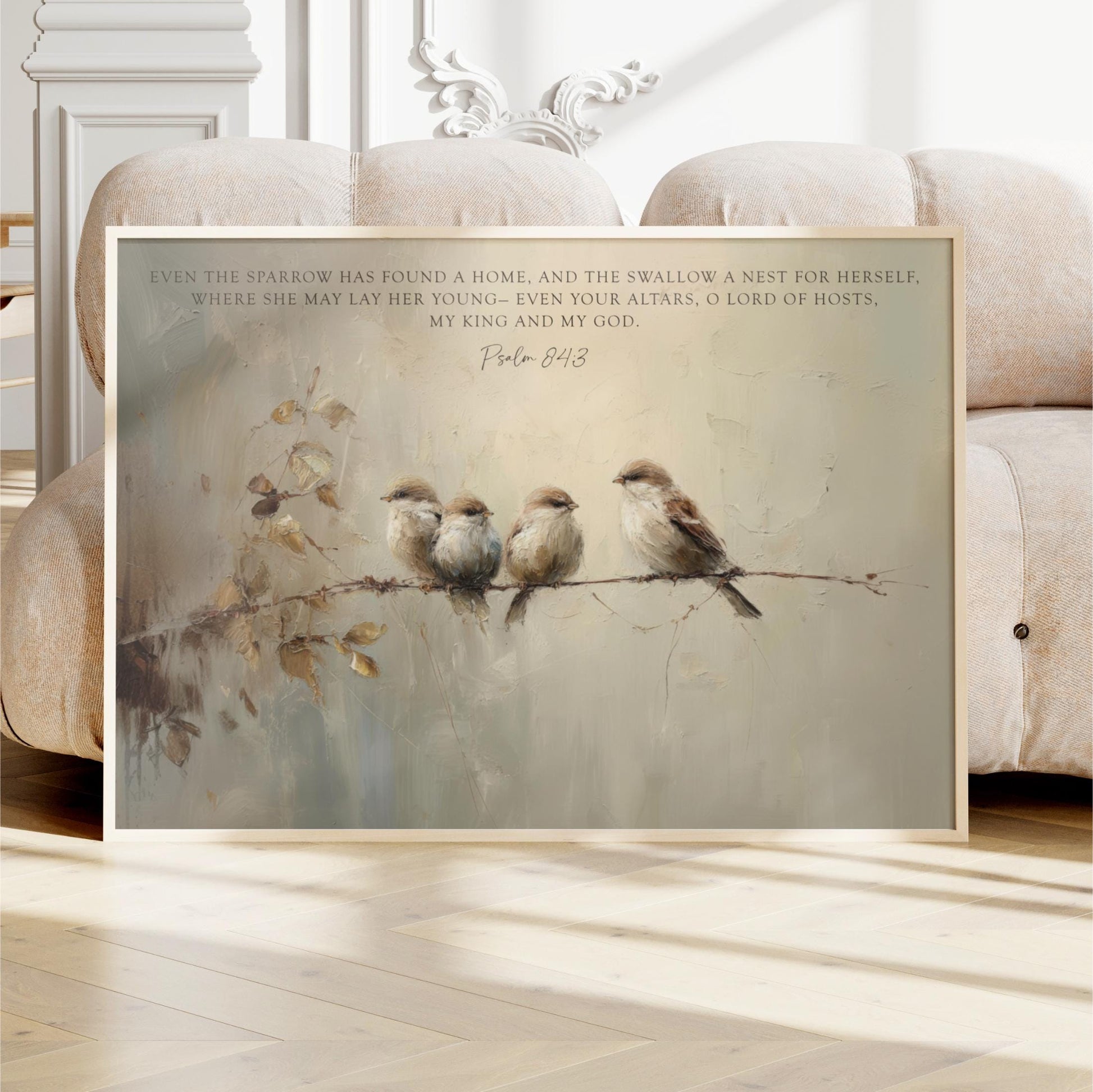 Vintage Birds Framed Art, Scripture Sparrows, Neutral Artwork, Vintage Look Digital Oil Painting Christian Art Bible Verse