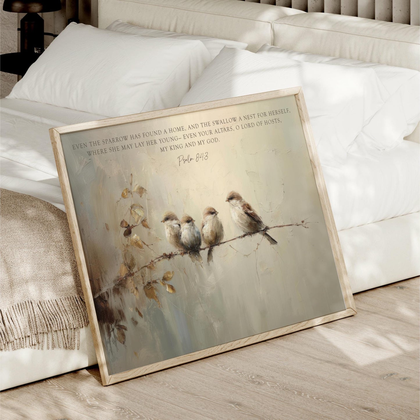 Vintage Birds Framed Art, Scripture Sparrows, Neutral Artwork, Vintage Look Digital Oil Painting Christian Art Bible Verse