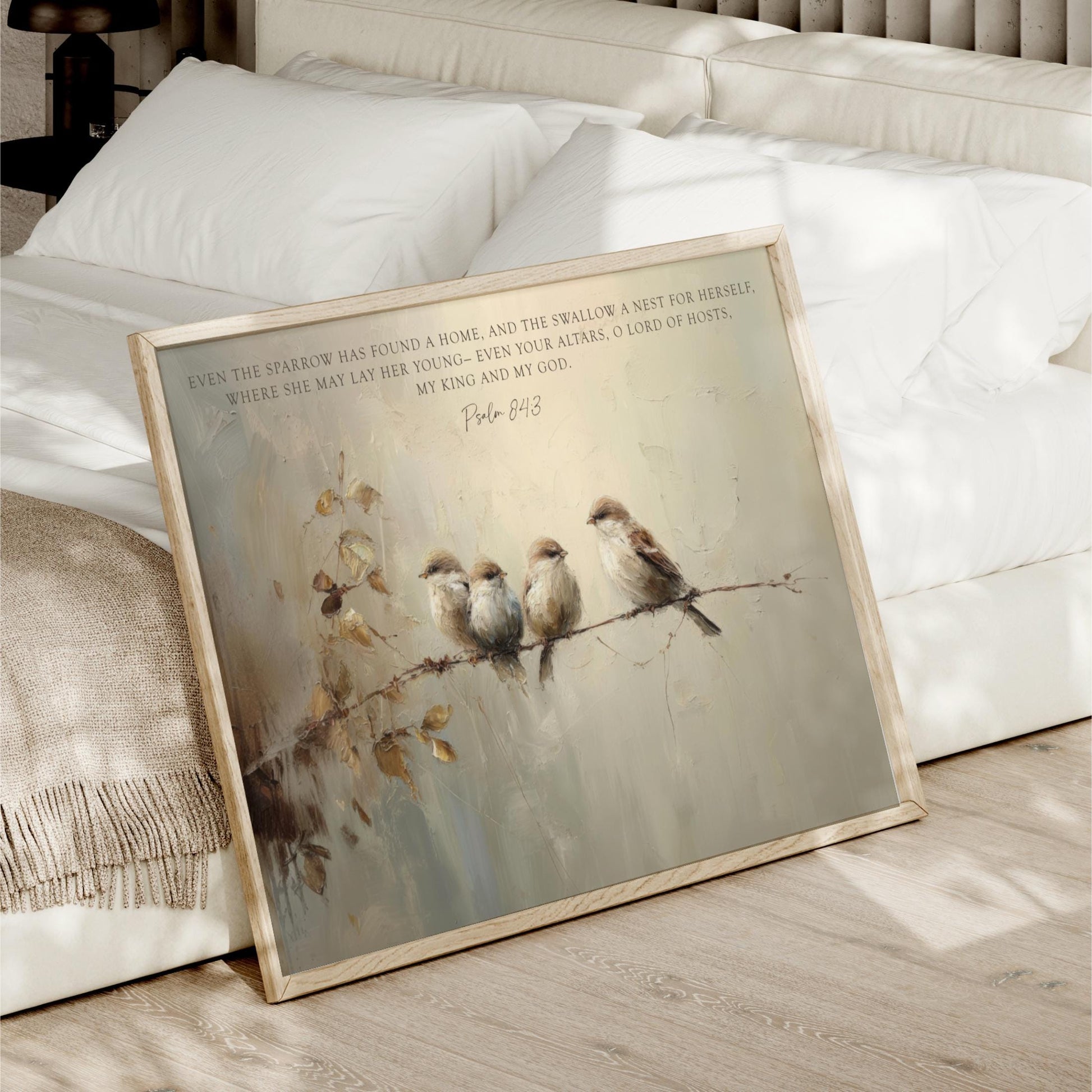Vintage Birds Framed Art, Scripture Sparrows, Neutral Artwork, Vintage Look Digital Oil Painting Christian Art Bible Verse