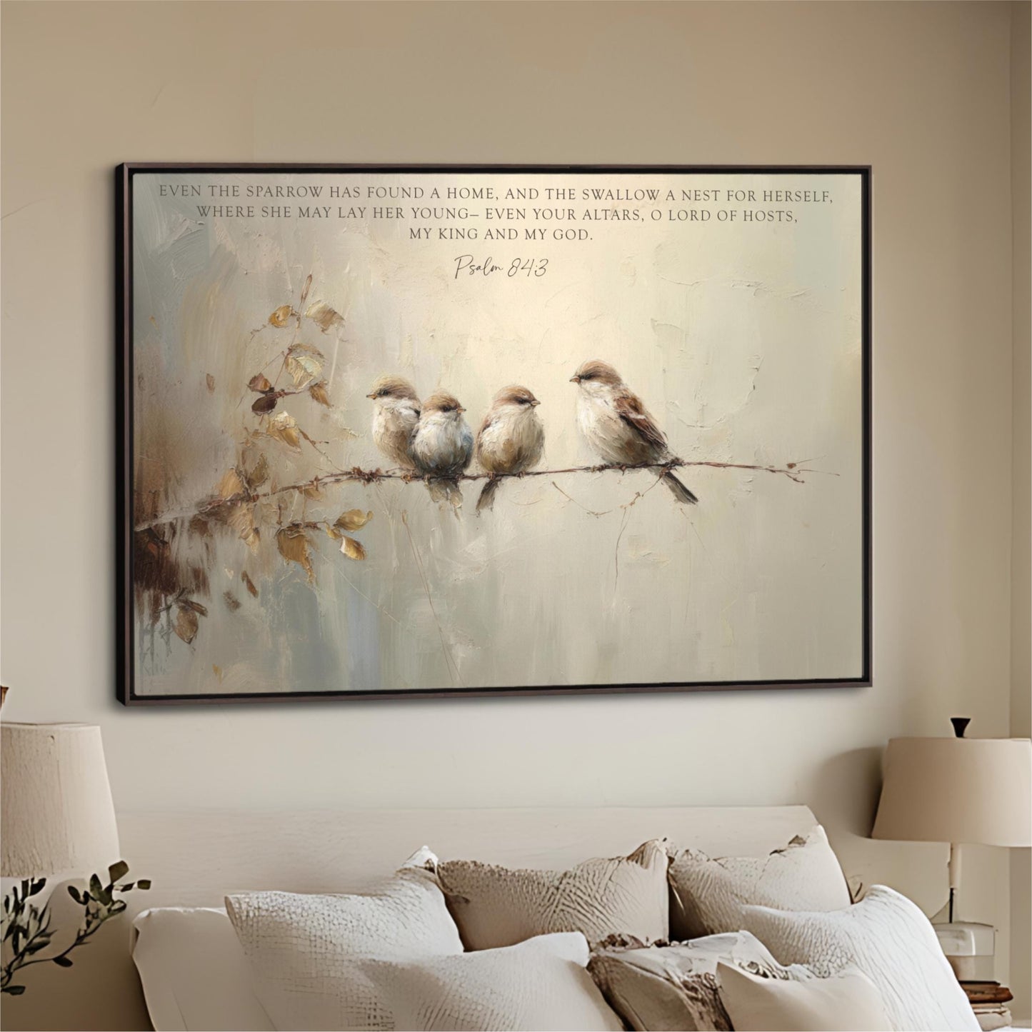 Vintage Birds Framed Art, Scripture Sparrows, Neutral Artwork, Vintage Look Digital Oil Painting Christian Art Bible Verse
