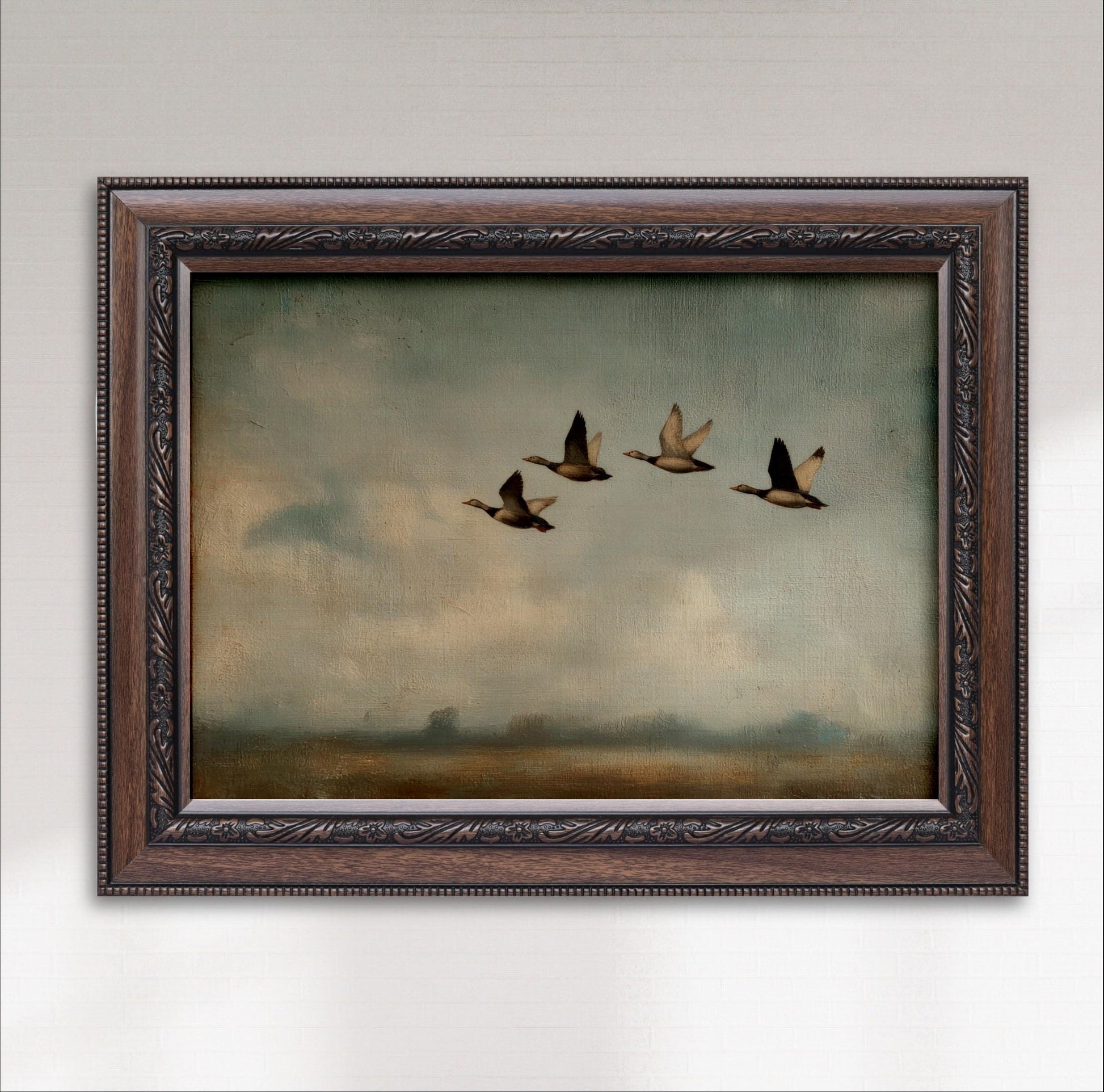 Vintage Mallard Ducks Art Print: Rustic Hunting Landscape