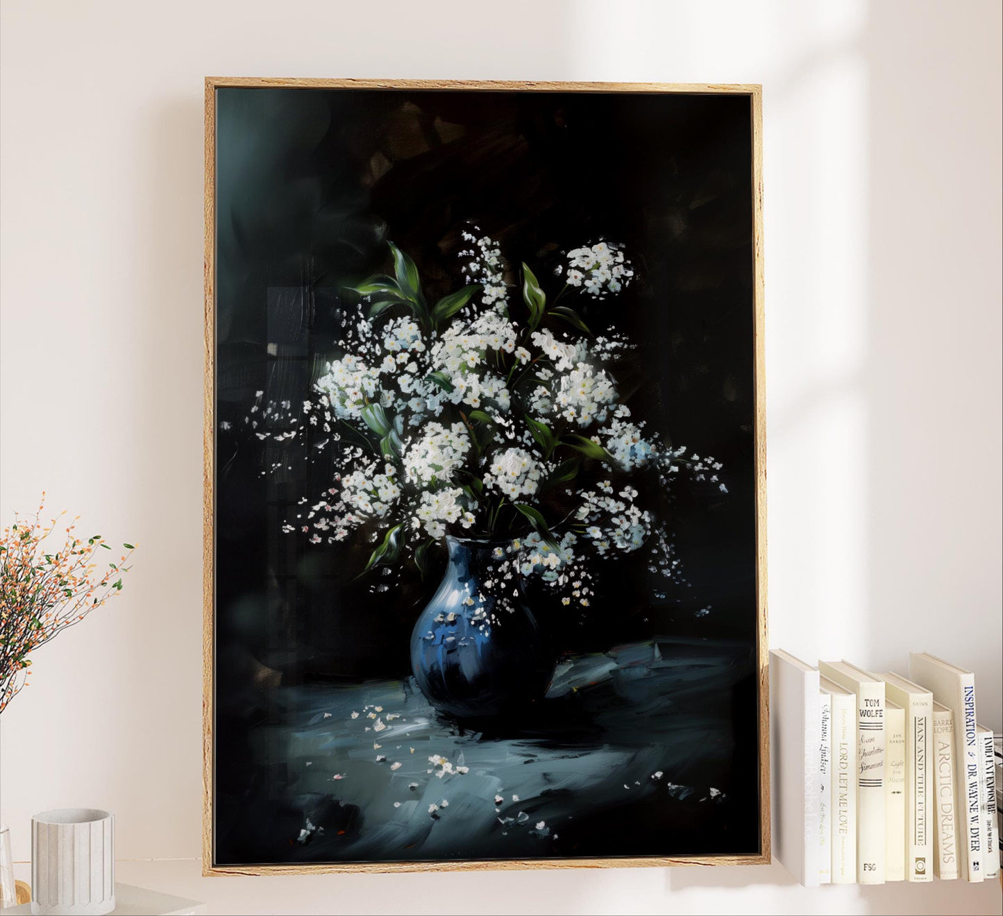 White Flowers in Vase, Navy Blue Sage Green, Moody Dark Academia Vintage Painting Print or Framed Canvas, Floral Bouquet Still Life
