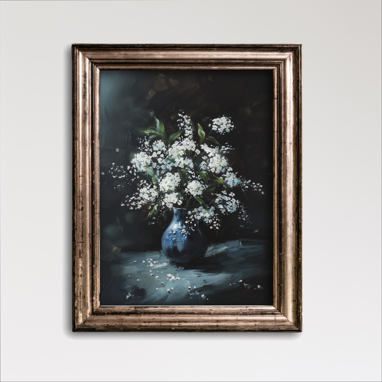 White Flowers in Vase, Navy Blue Sage Green, Moody Dark Academia Vintage Painting Print or Framed Canvas, Floral Bouquet Still Life