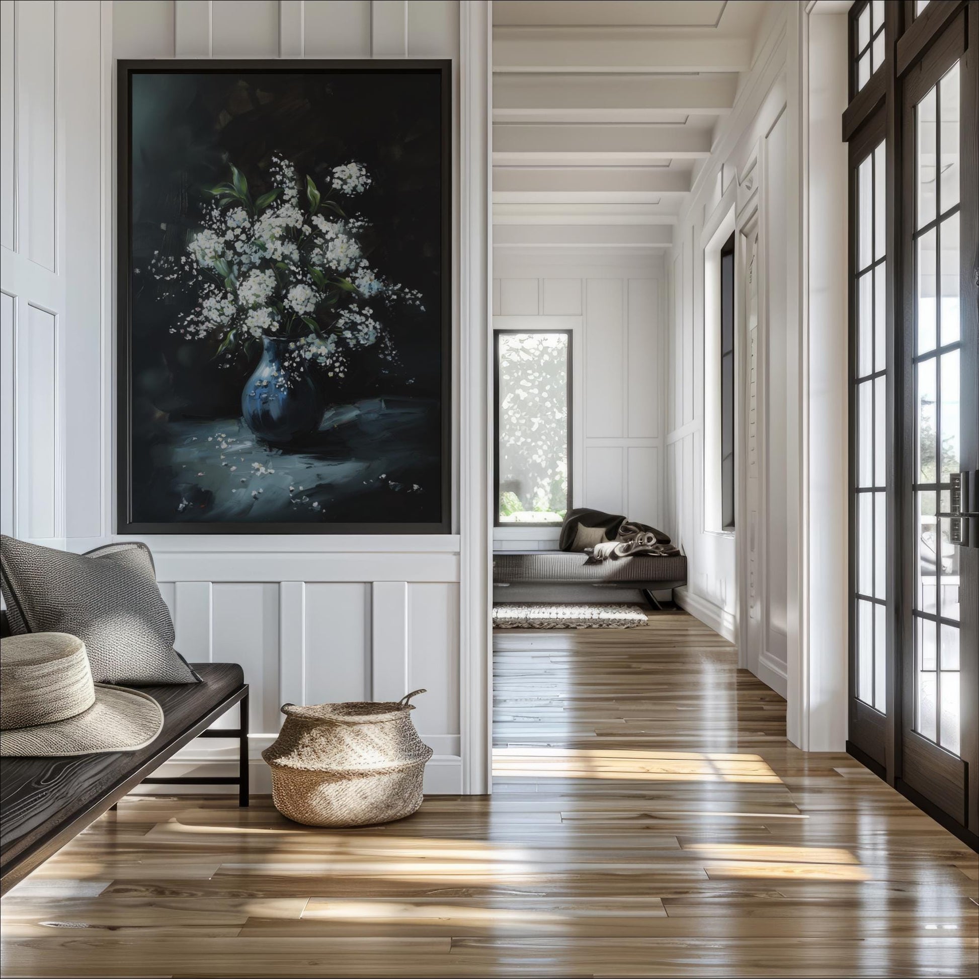 White Flowers in Vase, Navy Blue Sage Green, Moody Dark Academia Vintage Painting Print or Framed Canvas, Floral Bouquet Still Life