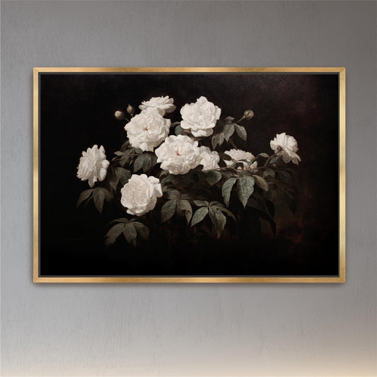 White Roses Framed Canvas Art: Dark Cottagecore Floral Moody Wall Decor