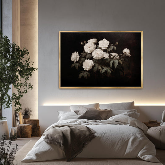 White Roses Framed Canvas Art: Dark Cottagecore Floral Moody Wall Decor