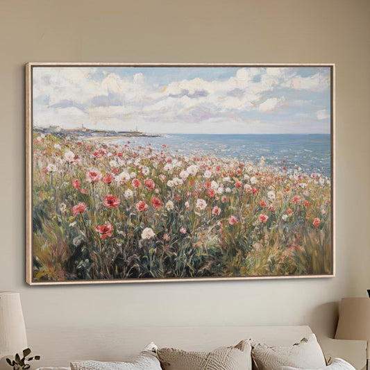 Wildflower Field Coastal Landscape, Framed Canvas Art Vintage Painting, Spring Beach Cottage Farmhouse Print Spring Wall Art Floral Seascape