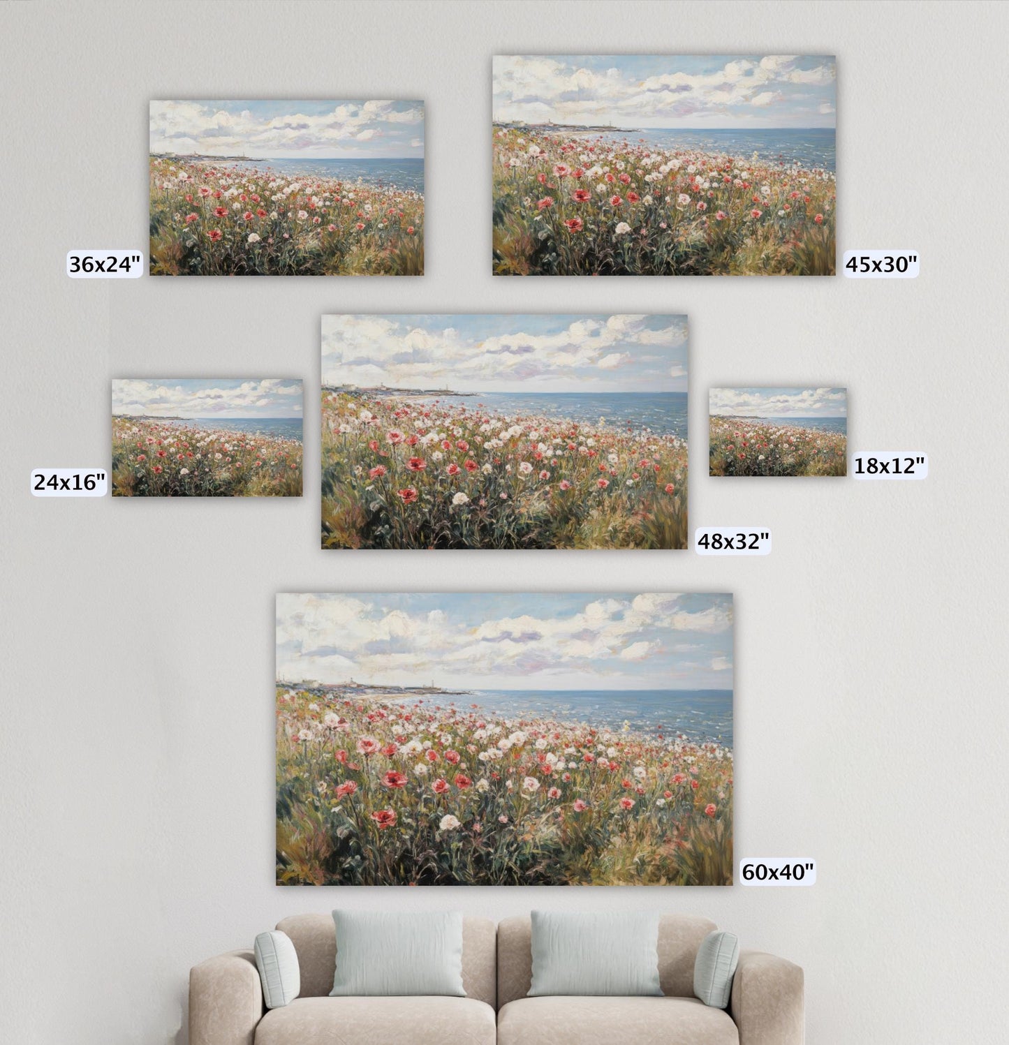 Wildflower Field Coastal Landscape, Framed Canvas Art Vintage Painting, Spring Beach Cottage Farmhouse Print Spring Wall Art Floral Seascape