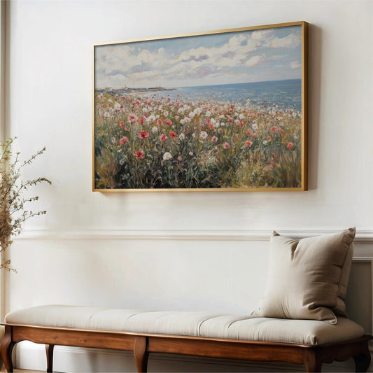 Wildflower Field Coastal Landscape, Framed Canvas Art Vintage Painting, Spring Beach Cottage Farmhouse Print Spring Wall Art Floral Seascape