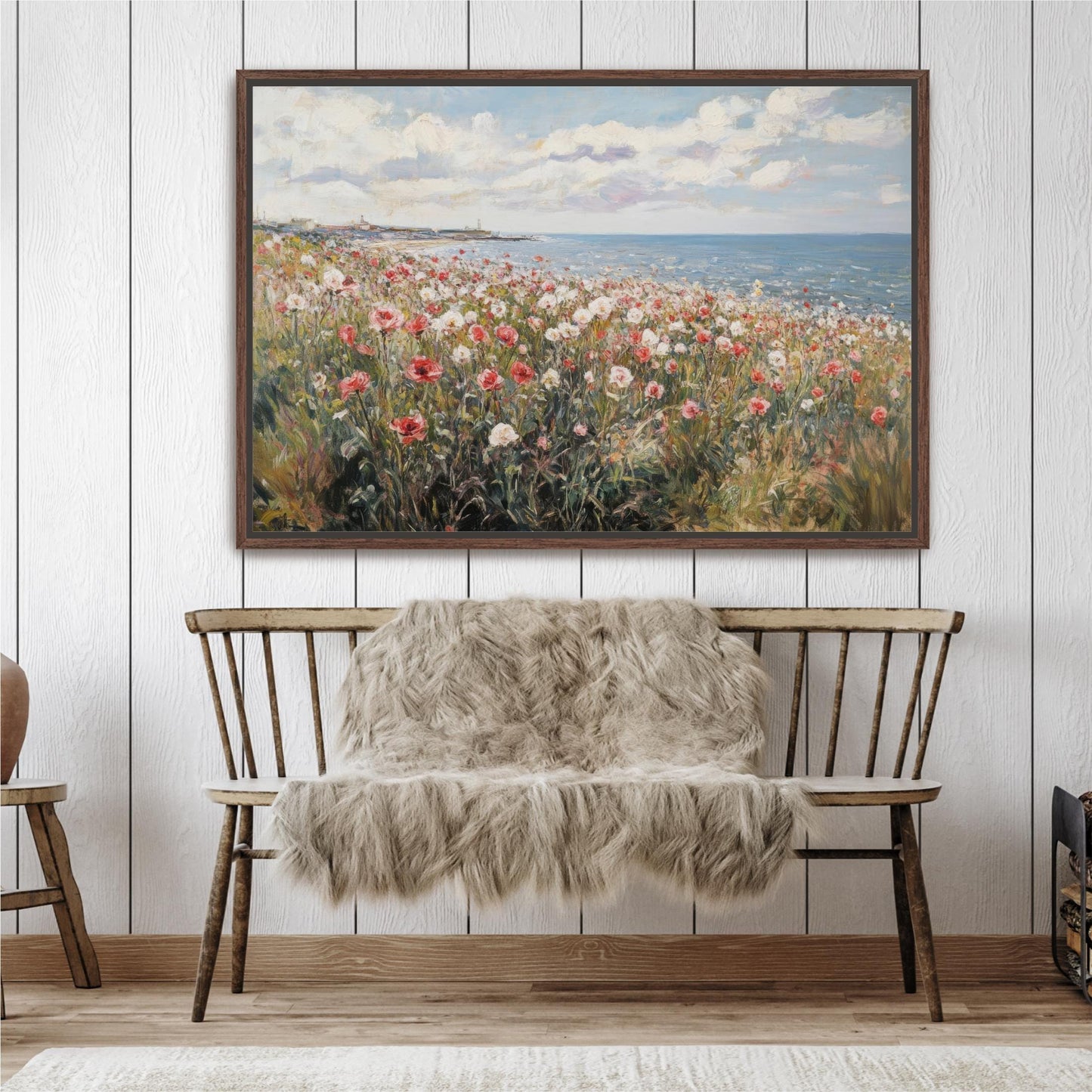 Wildflower Field Coastal Landscape, Framed Canvas Art Vintage Painting, Spring Beach Cottage Farmhouse Print Spring Wall Art Floral Seascape