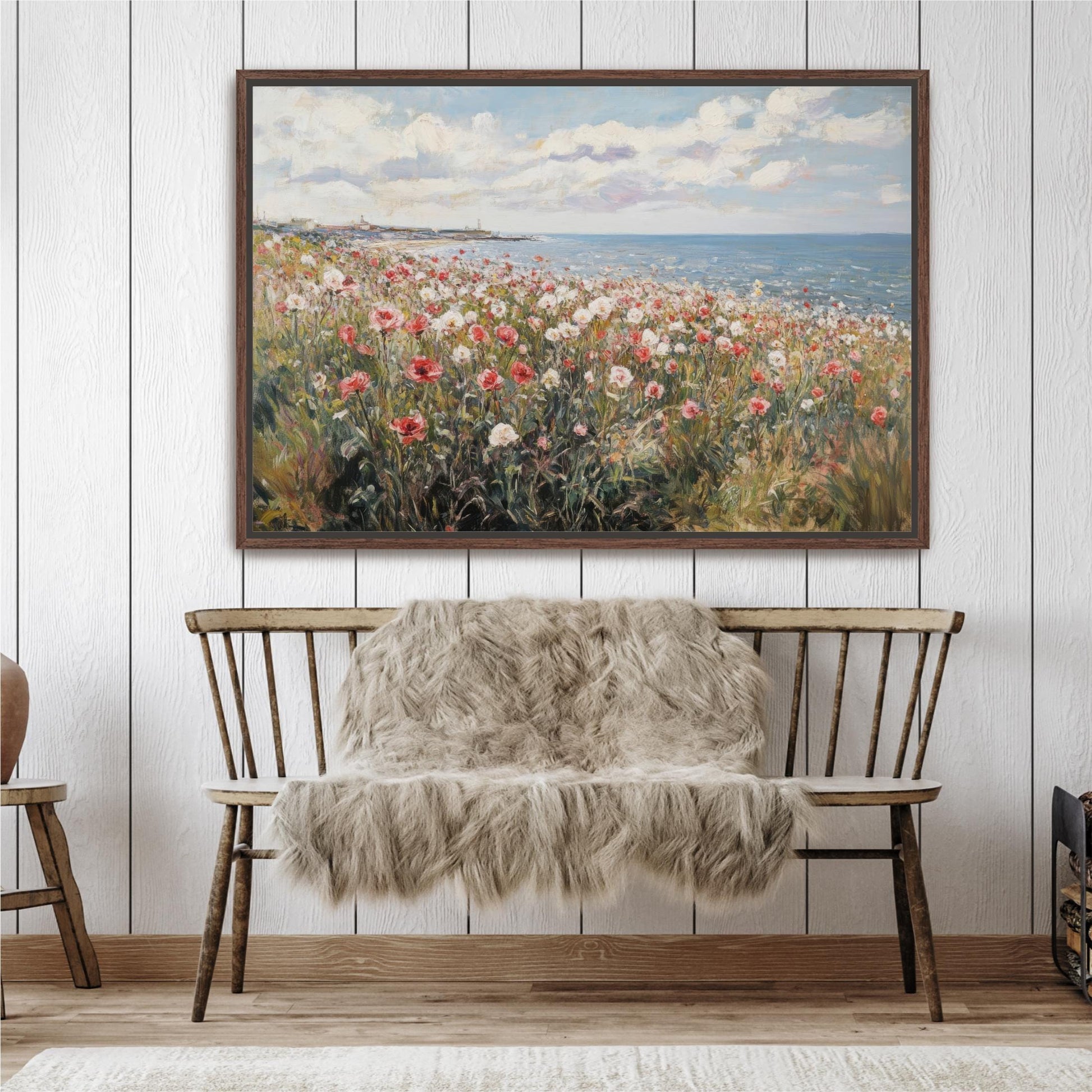 Wildflower Field Coastal Landscape, Framed Canvas Art Vintage Painting, Spring Beach Cottage Farmhouse Print Spring Wall Art Floral Seascape