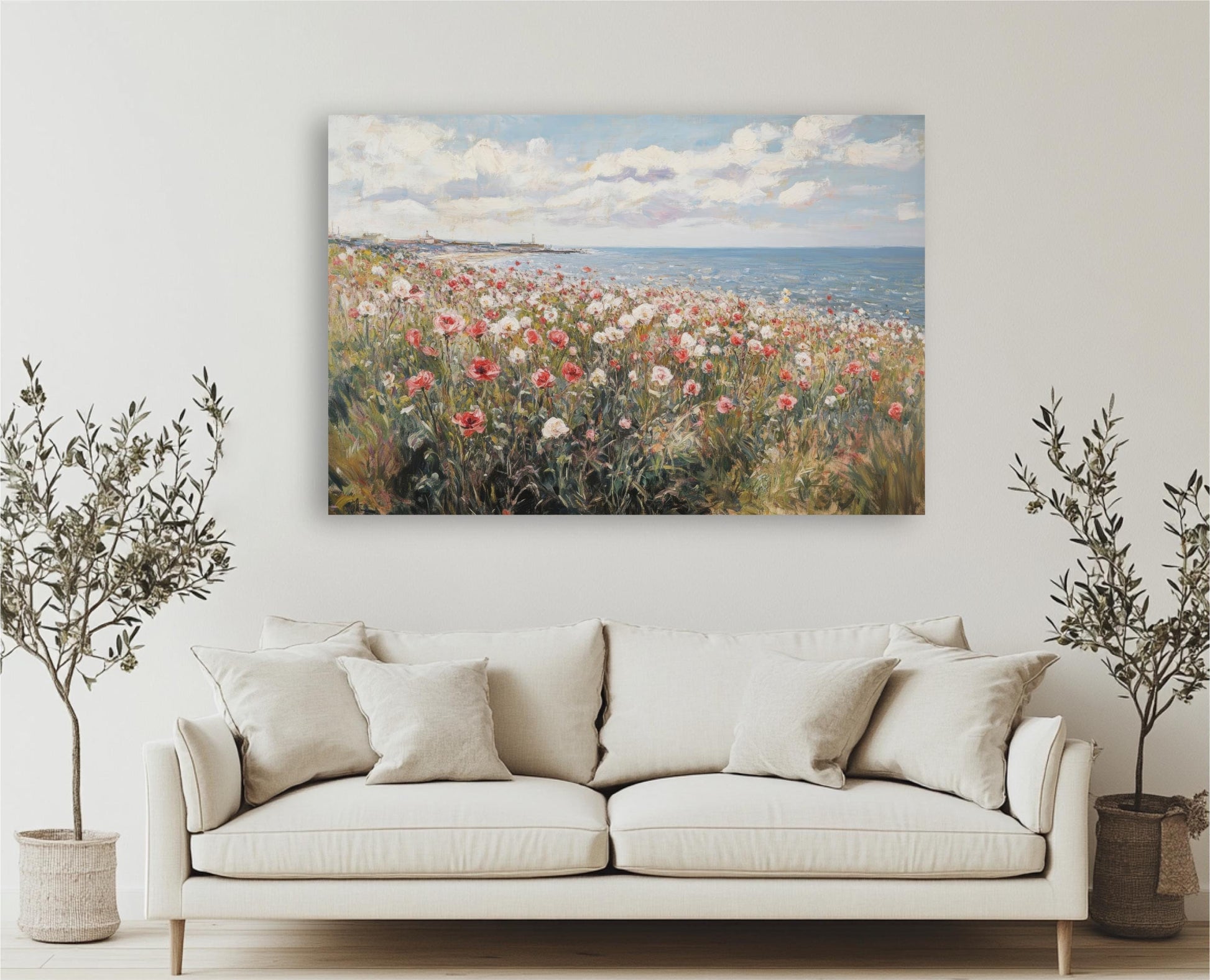 Wildflower Field Coastal Landscape, Framed Canvas Art Vintage Painting, Spring Beach Cottage Farmhouse Print Spring Wall Art Floral Seascape