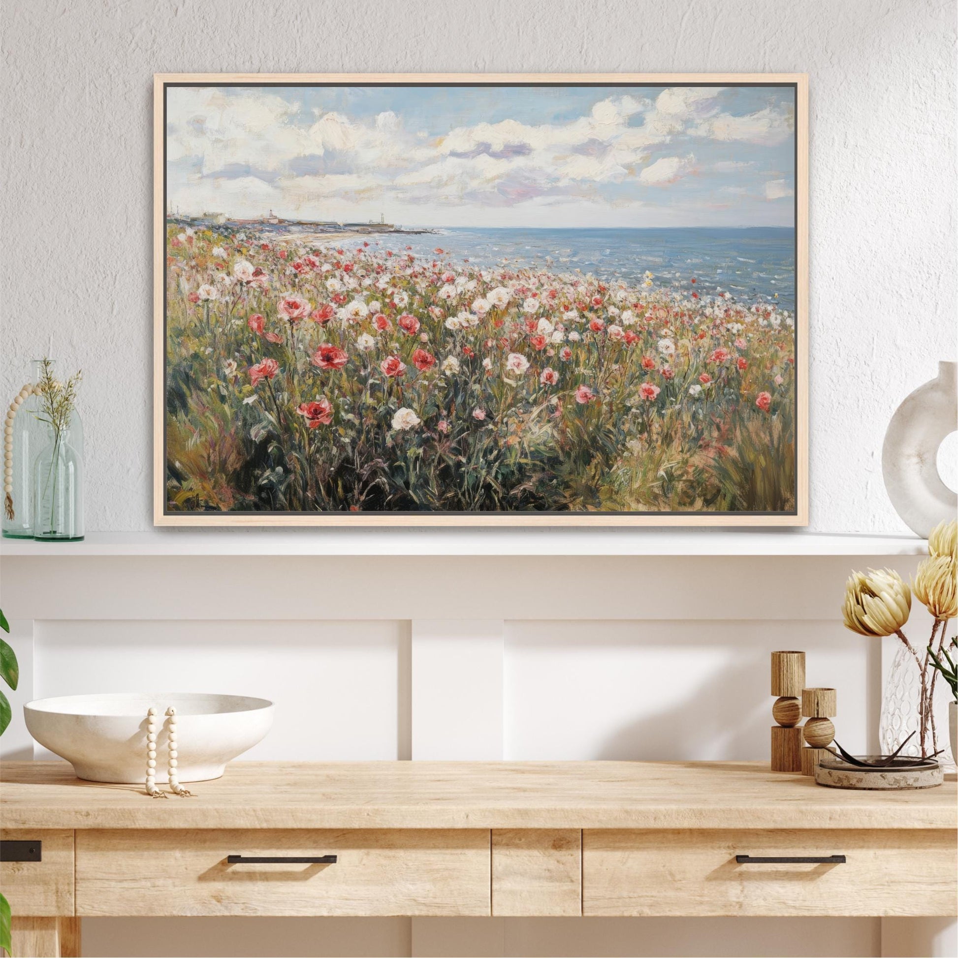 Wildflower Field Coastal Landscape, Framed Canvas Art Vintage Painting, Spring Beach Cottage Farmhouse Print Spring Wall Art Floral Seascape