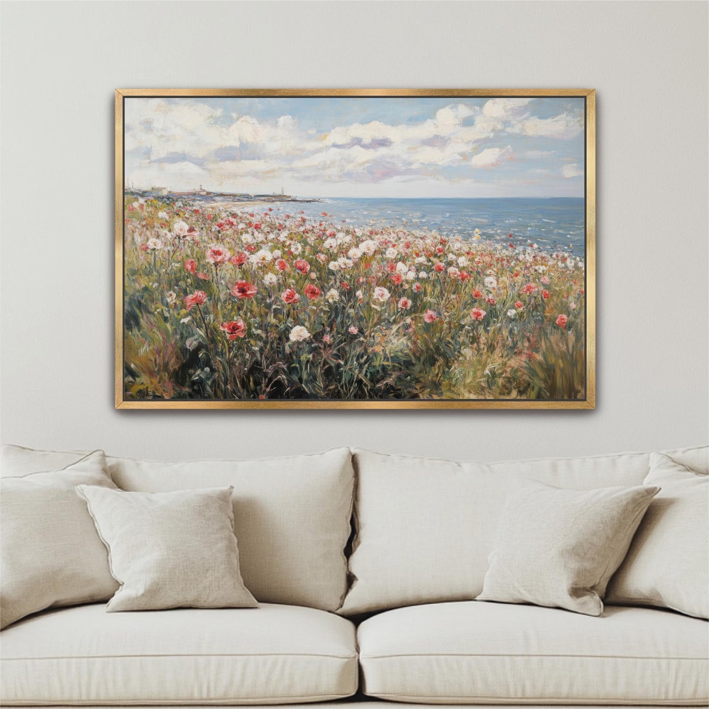 Wildflower Field Coastal Landscape, Framed Canvas Art Vintage Painting, Spring Beach Cottage Farmhouse Print Spring Wall Art Floral Seascape