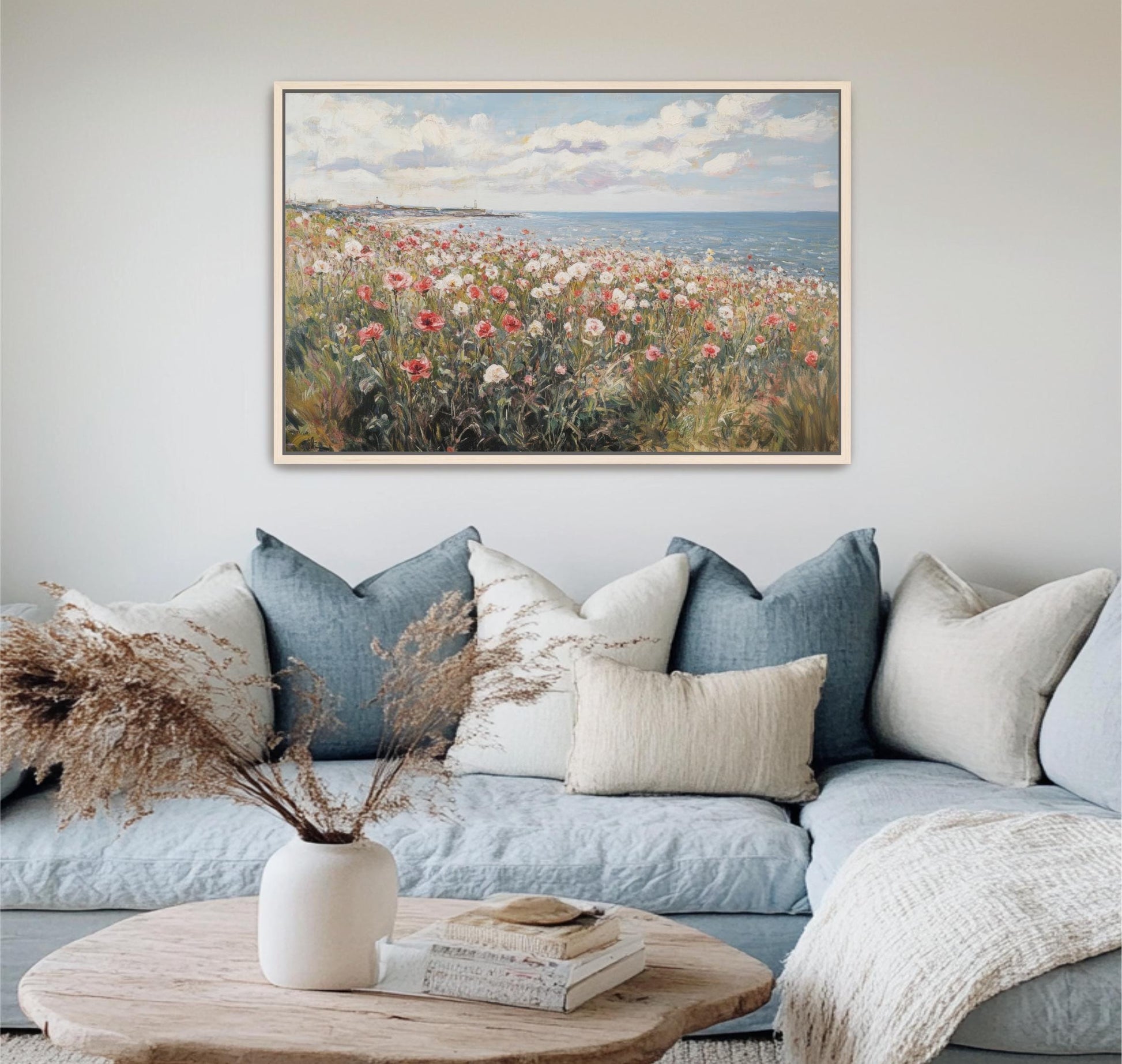 Wildflower Field Coastal Landscape, Framed Canvas Art Vintage Painting, Spring Beach Cottage Farmhouse Print Spring Wall Art Floral Seascape