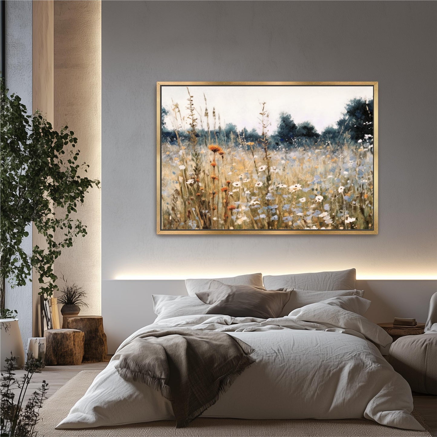 Wildflower Field Landscape Oil Painting, Large Framed Canvas Art, Farm House Decor Field of Flowers, Rustic Neutral Tones Fine Art Vintage
