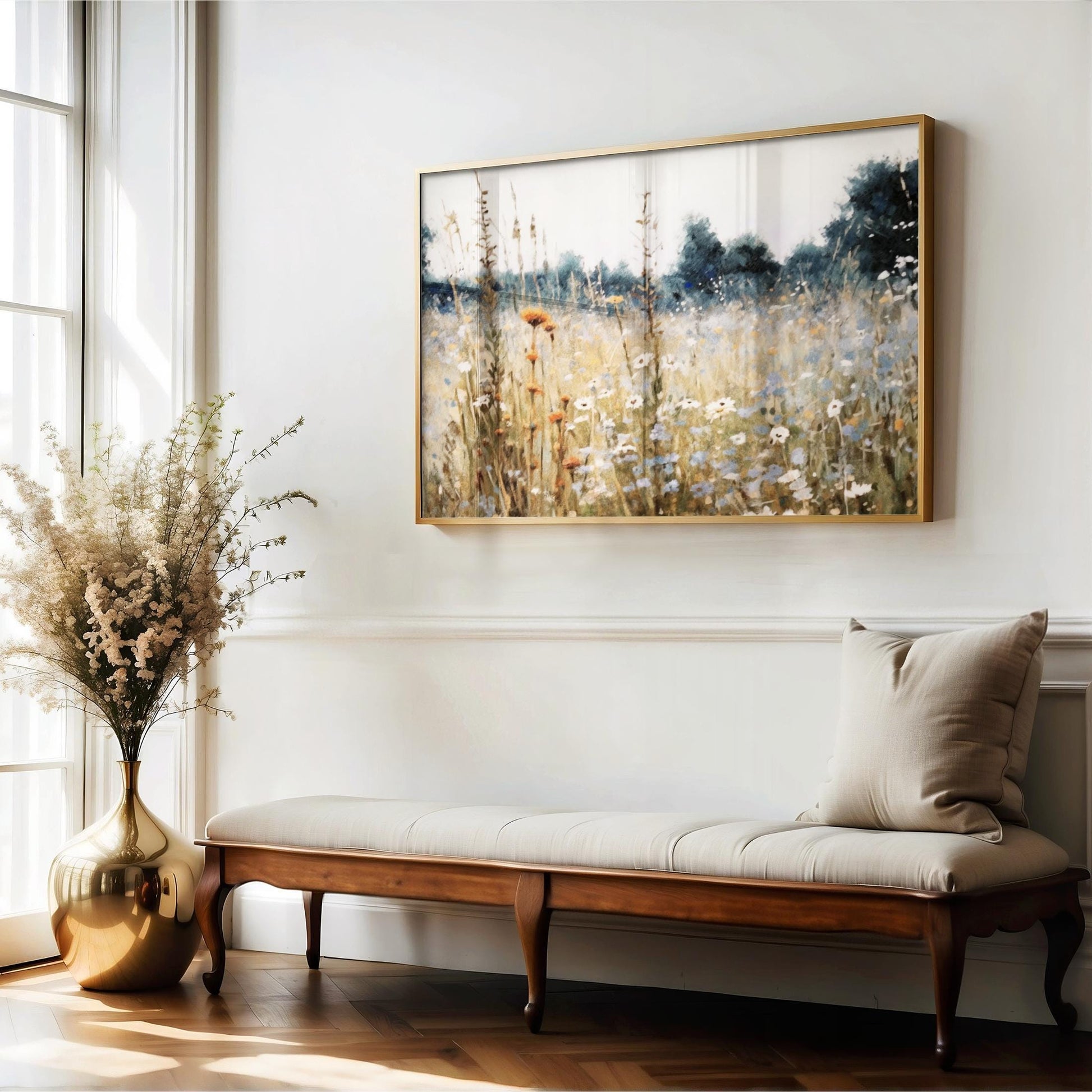 Wildflower Field Landscape Oil Painting, Large Framed Canvas Art, Farm House Decor Field of Flowers, Rustic Neutral Tones Fine Art Vintage