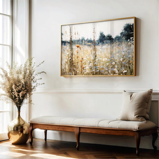Wildflower Field Landscape Oil Painting, Large Framed Canvas Art, Farm House Decor Field of Flowers, Rustic Neutral Tones Fine Art Vintage