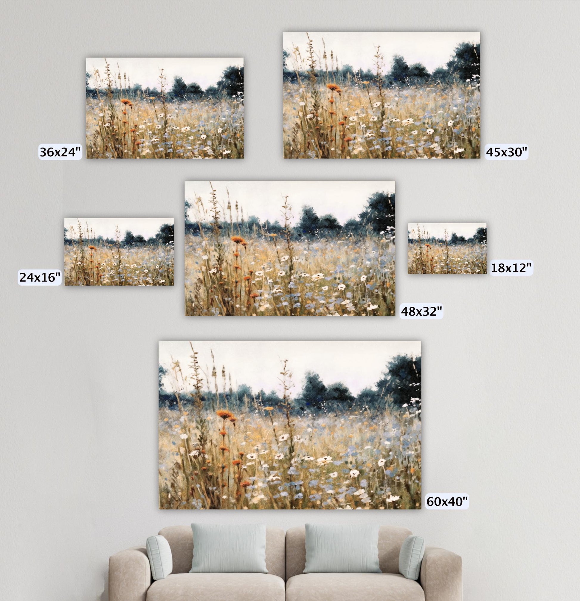 Wildflower Field Landscape Oil Painting, Large Framed Canvas Art, Farm House Decor Field of Flowers, Rustic Neutral Tones Fine Art Vintage