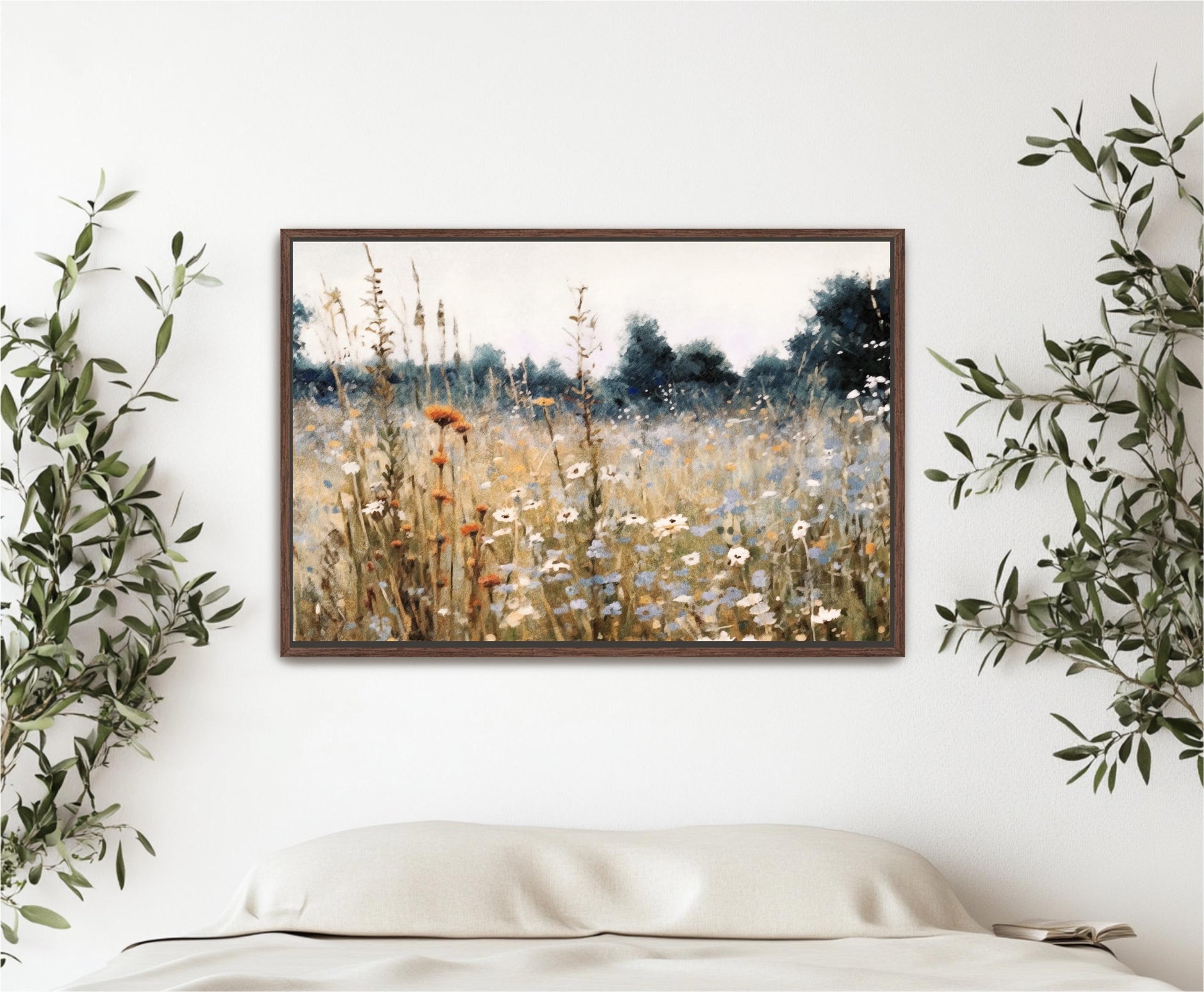 Wildflower Field Landscape Oil Painting, Large Framed Canvas Art, Farm House Decor Field of Flowers, Rustic Neutral Tones Fine Art Vintage