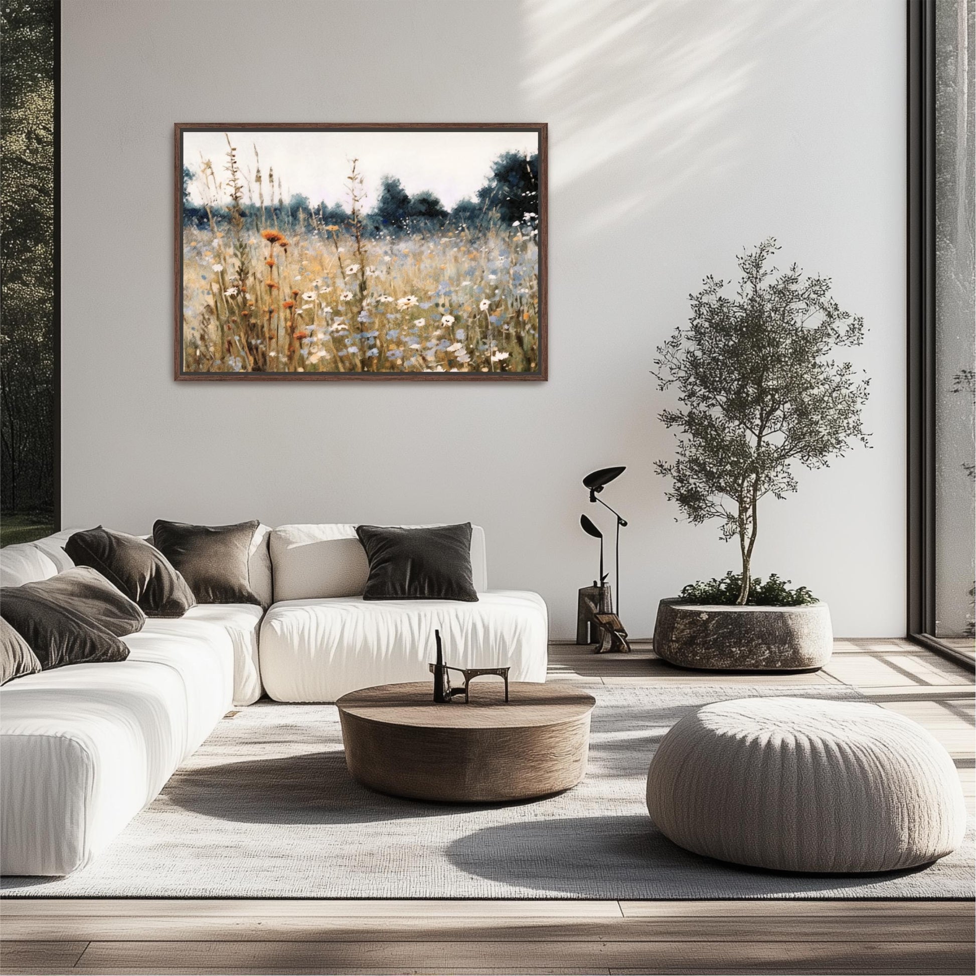 Wildflower Field Landscape Oil Painting, Large Framed Canvas Art, Farm House Decor Field of Flowers, Rustic Neutral Tones Fine Art Vintage